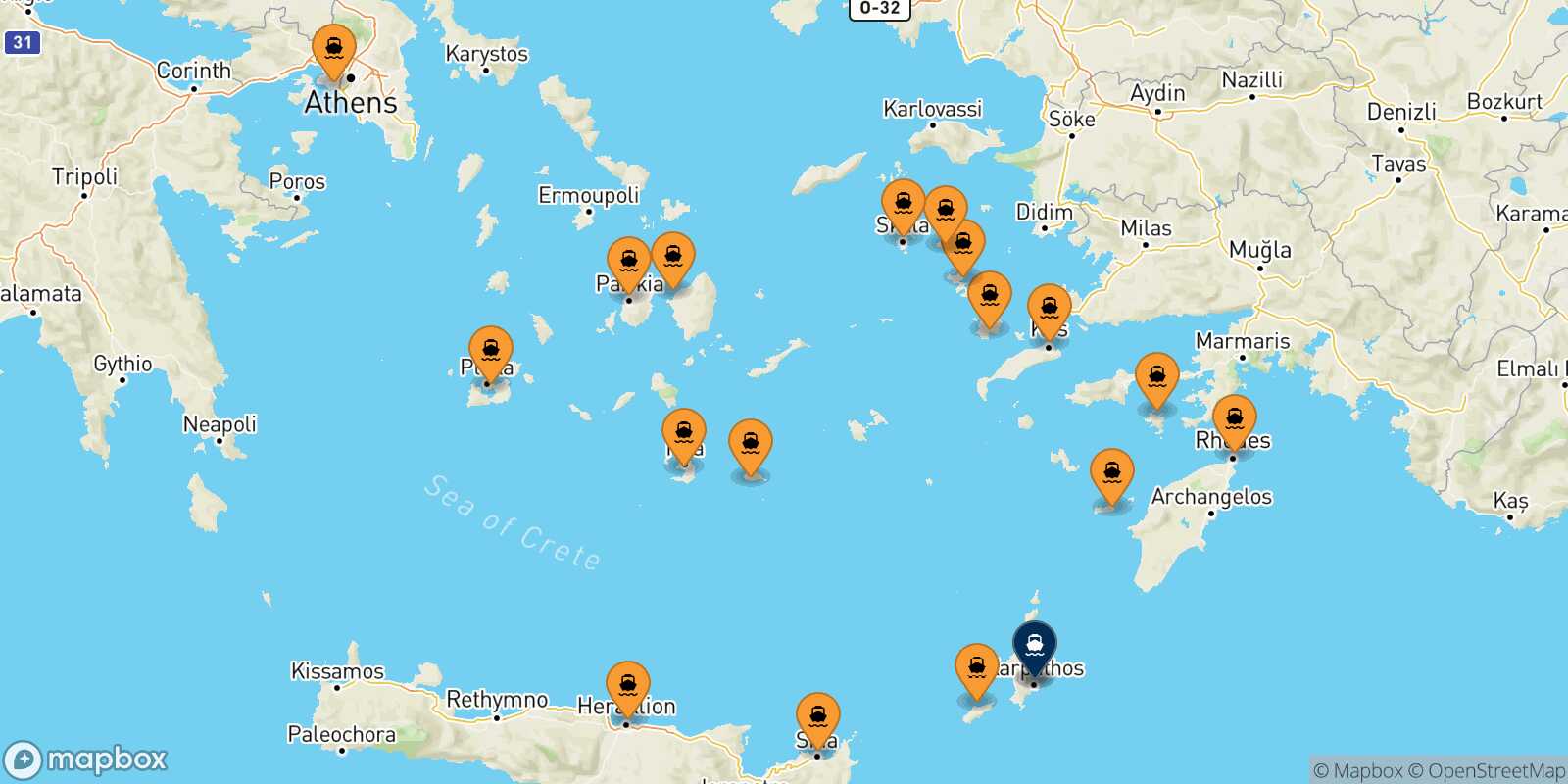 Mapa de los puertos conectados con  Karpathos
