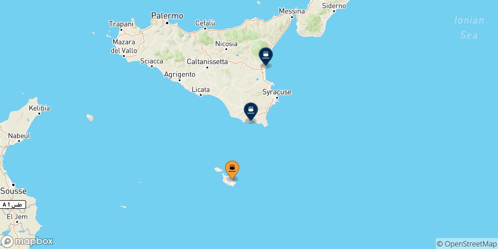 Mapa de las posibles rutas entre Malta y  Sicilia