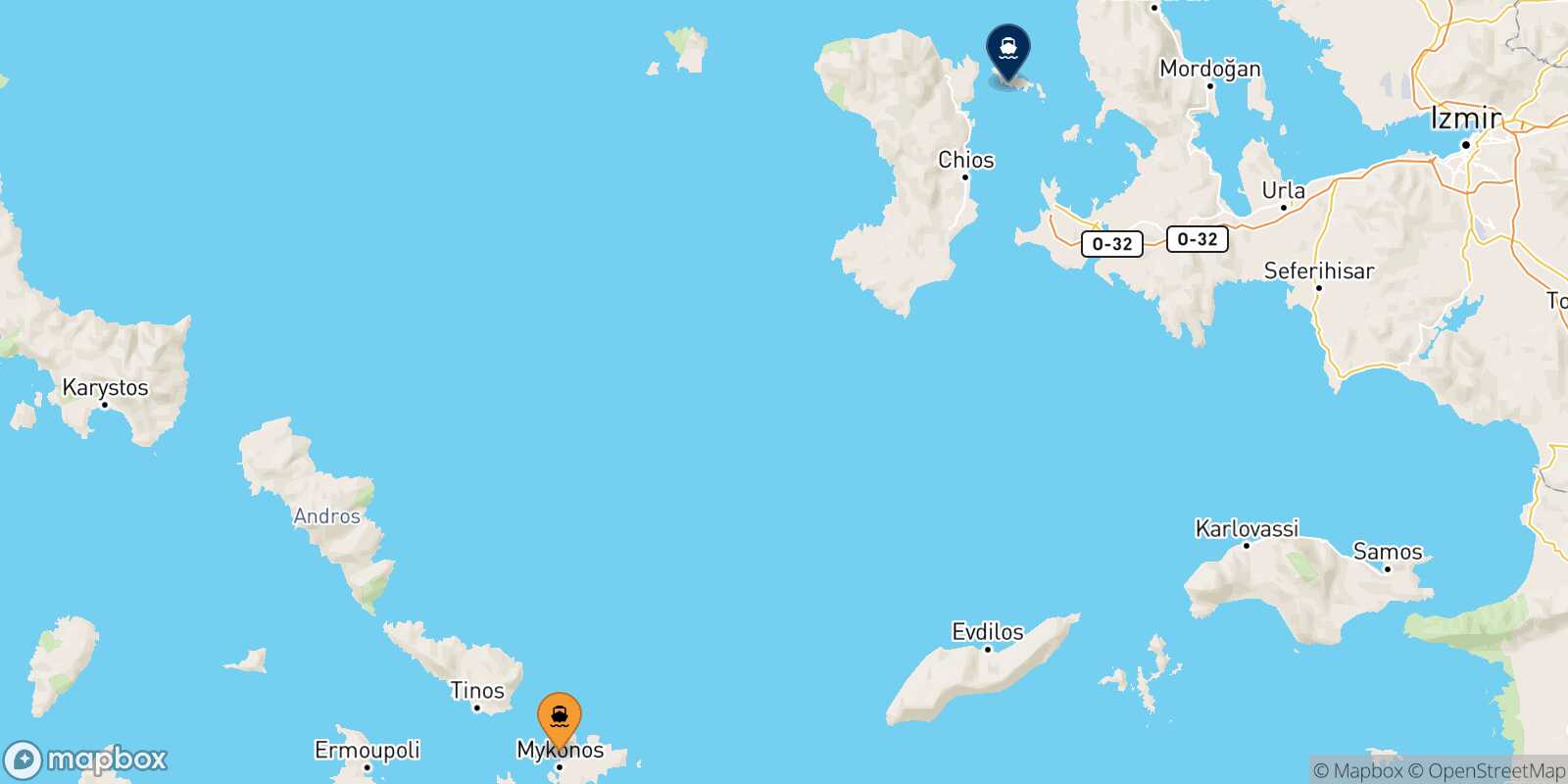 Mapa de la ruta Mykonos Inousses