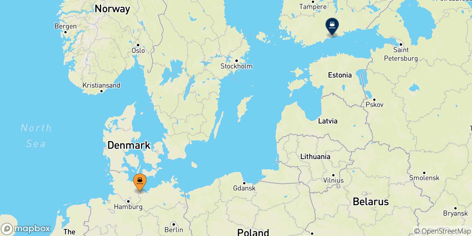 Mapa de las posibles rutas entre Travemünde y  Finlandia