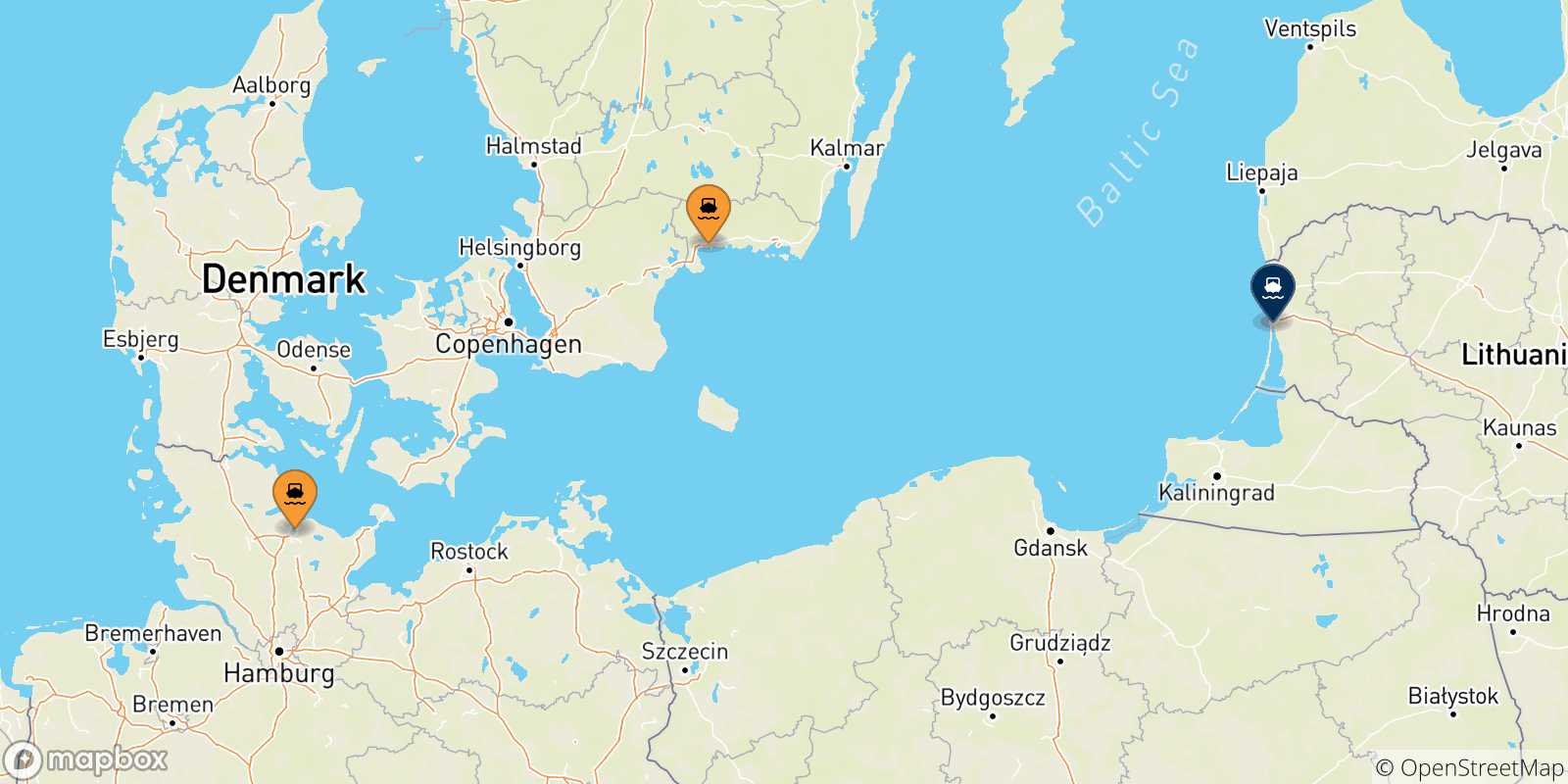 Mapa de los puertos conectados con  Lituania