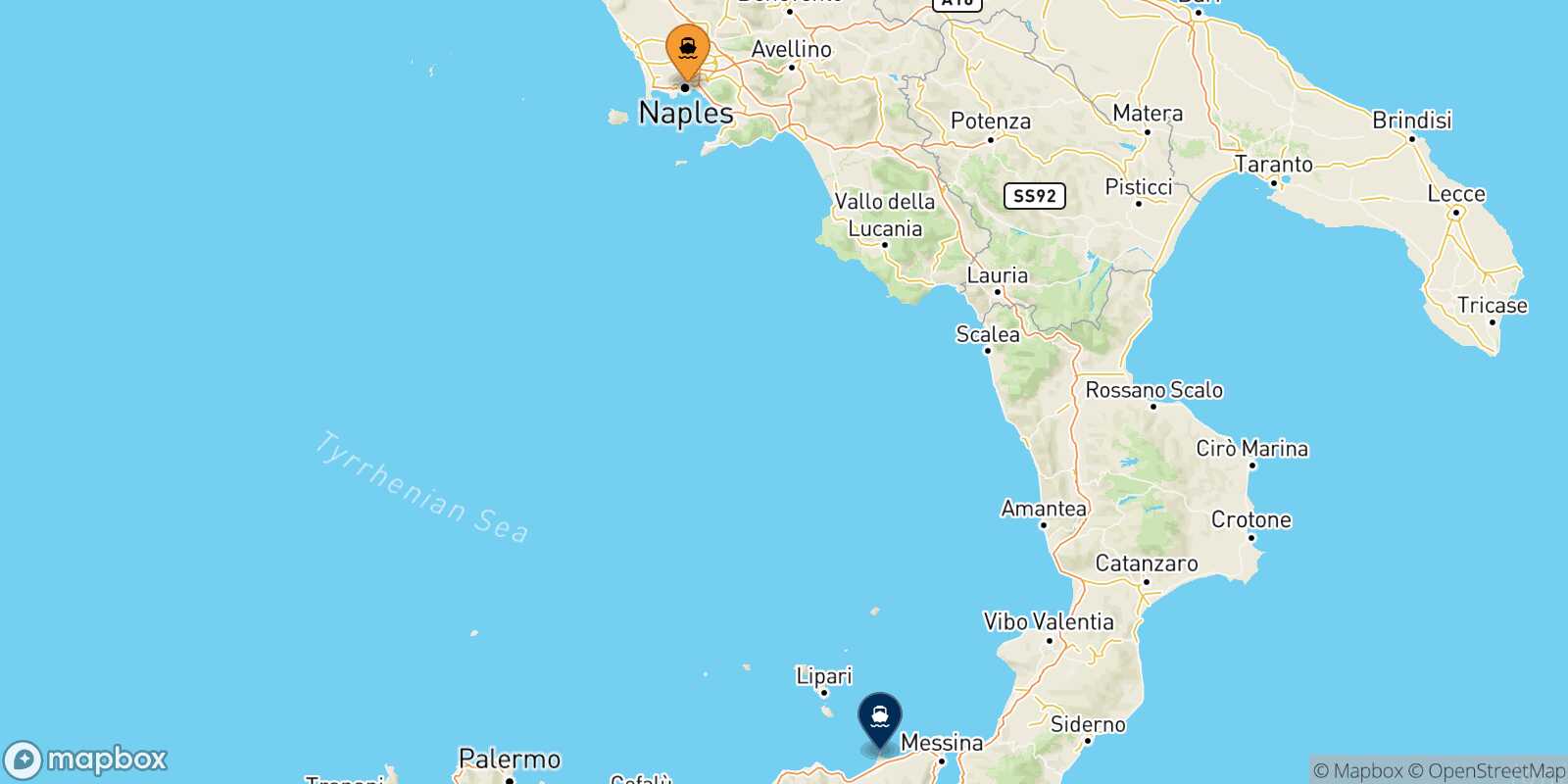 Mapa de la ruta Nápoles Milazzo
