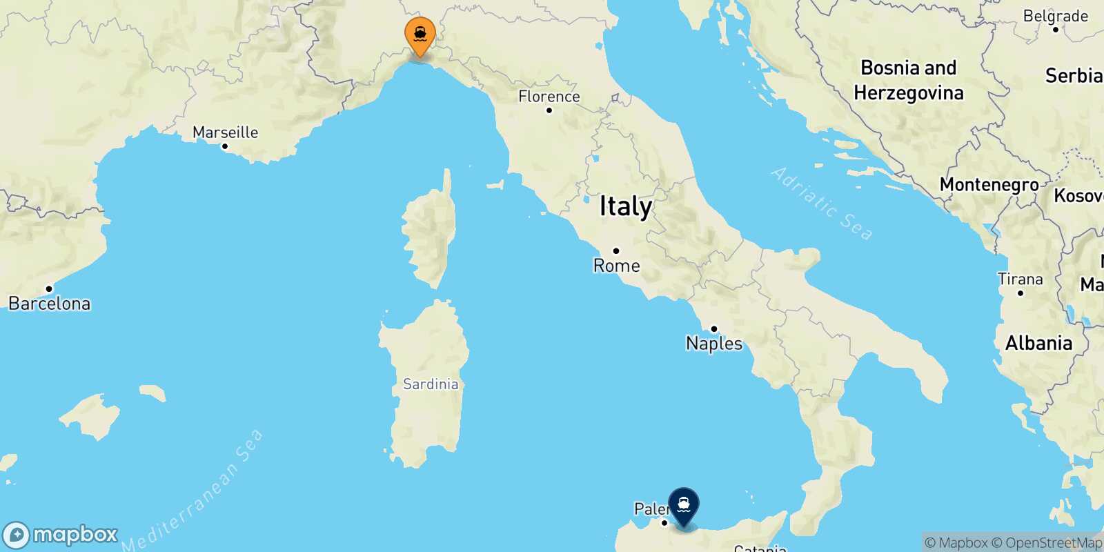 Mapa de la ruta Genova Termini Imerese