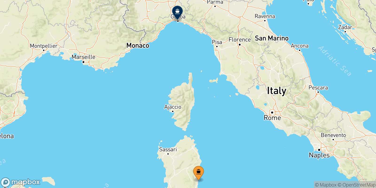 Mapa de la ruta Arbatax Genova