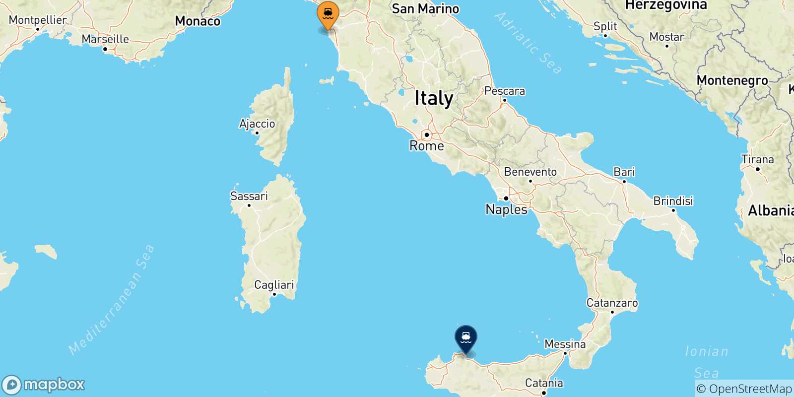 Mapa de las posibles rutas entre Livorno y  Sicilia