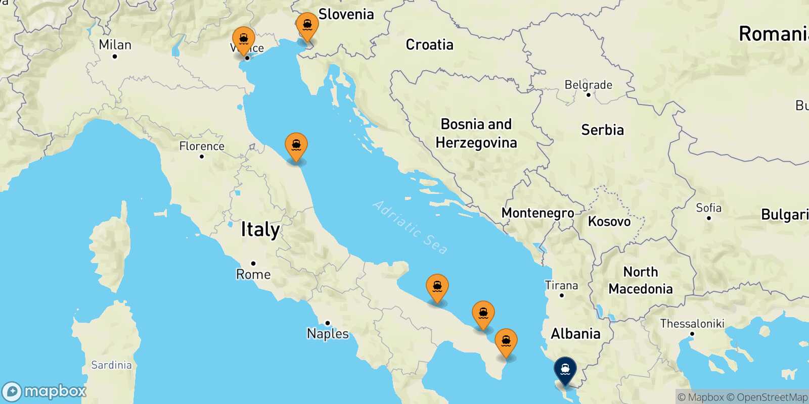 Mapa de los puertos conectados con  Corfu