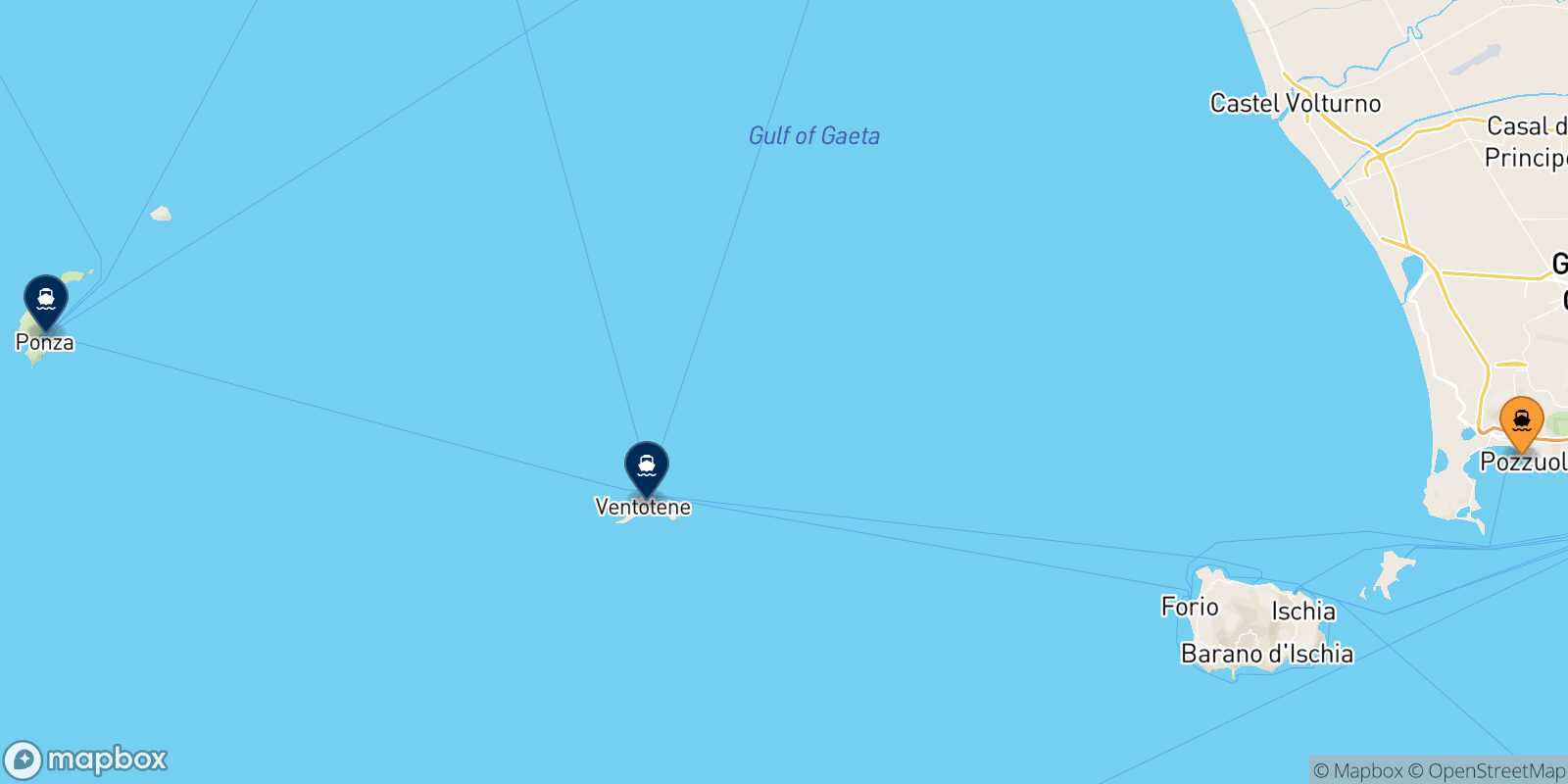 Mapa de los destinos alcanzables de Casamicciola (Ischia)