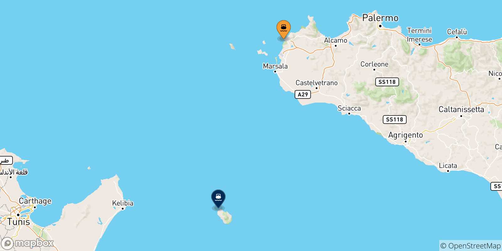 Mapa de las posibles rutas entre Sicilia y  Isla De Pantelaria