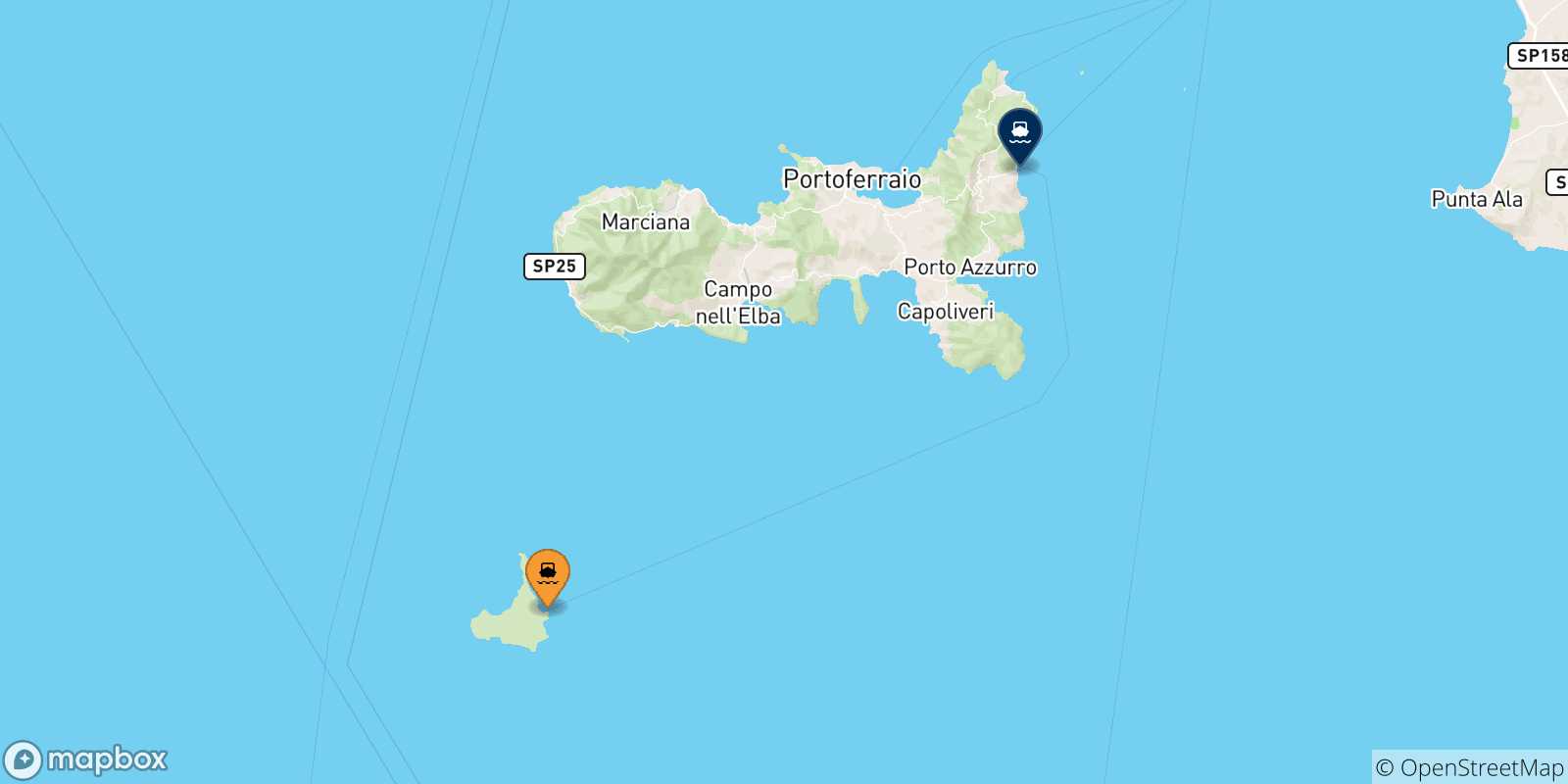 Mapa de las posibles rutas entre Pianosa y  Isla De Elba