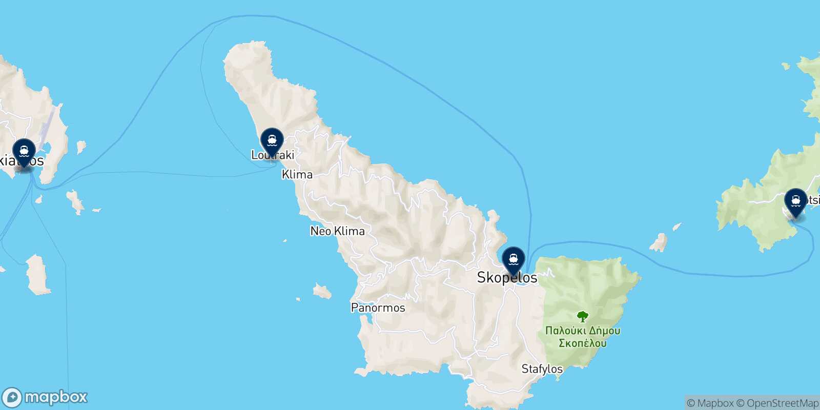 Mapa de los destinos alcanzables de Skiathos