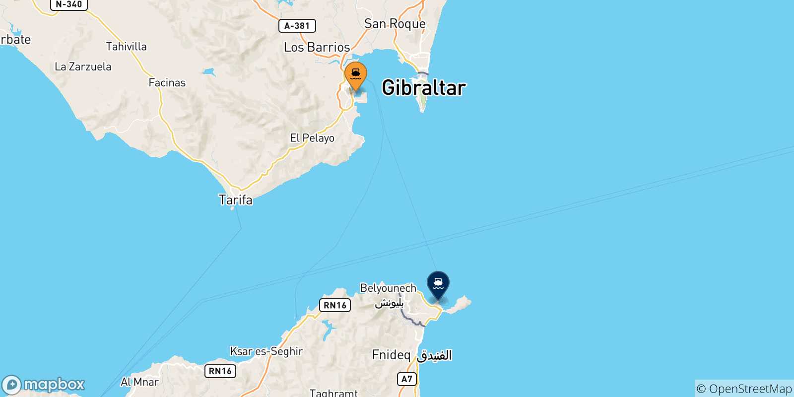 Mapa de las posibles rutas entre España y  Ceuta