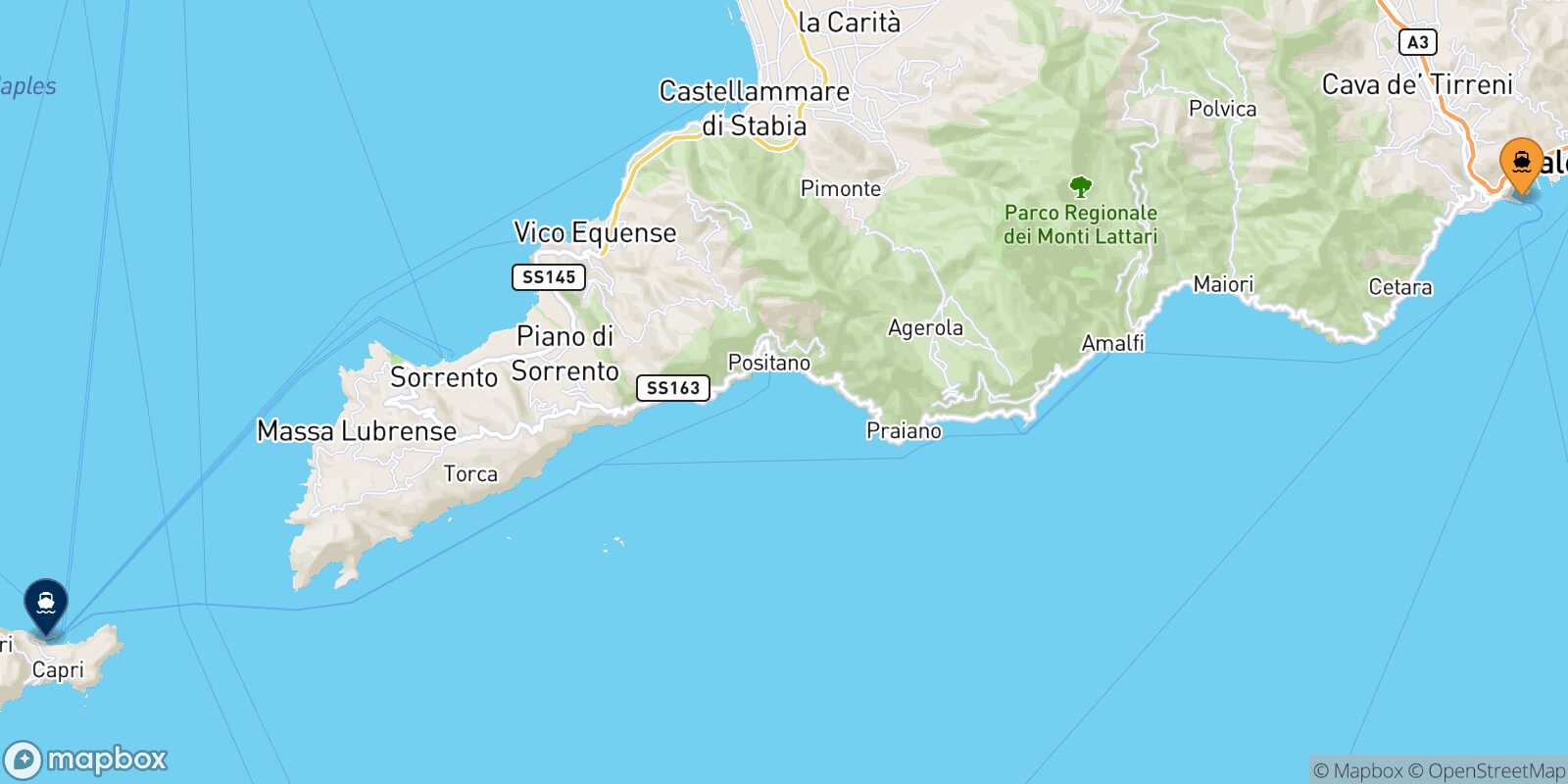 Mapa de la ruta Salerno Capri