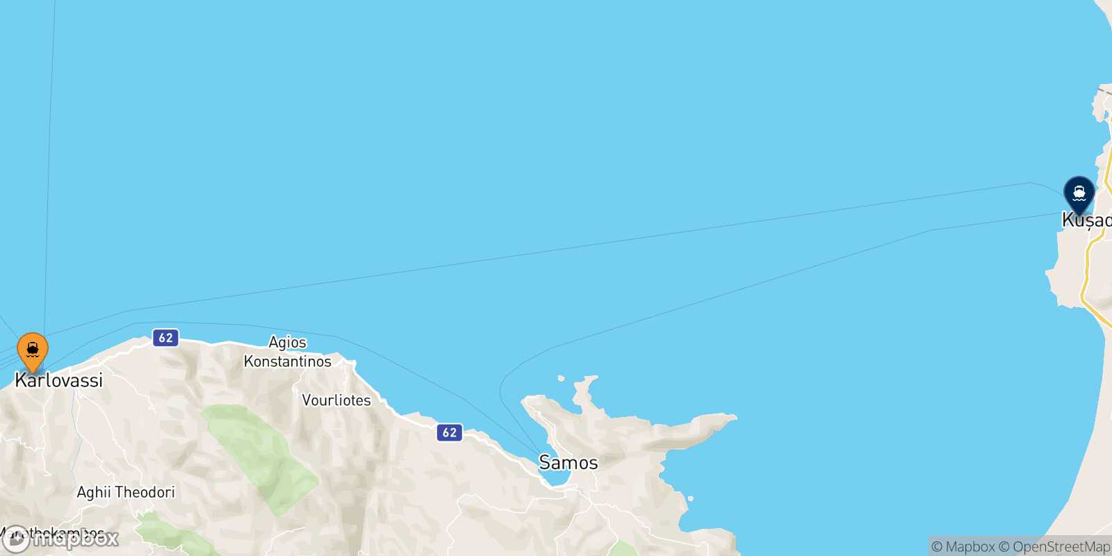 Mapa de la ruta Pythagorio (Samos) Kusadasi