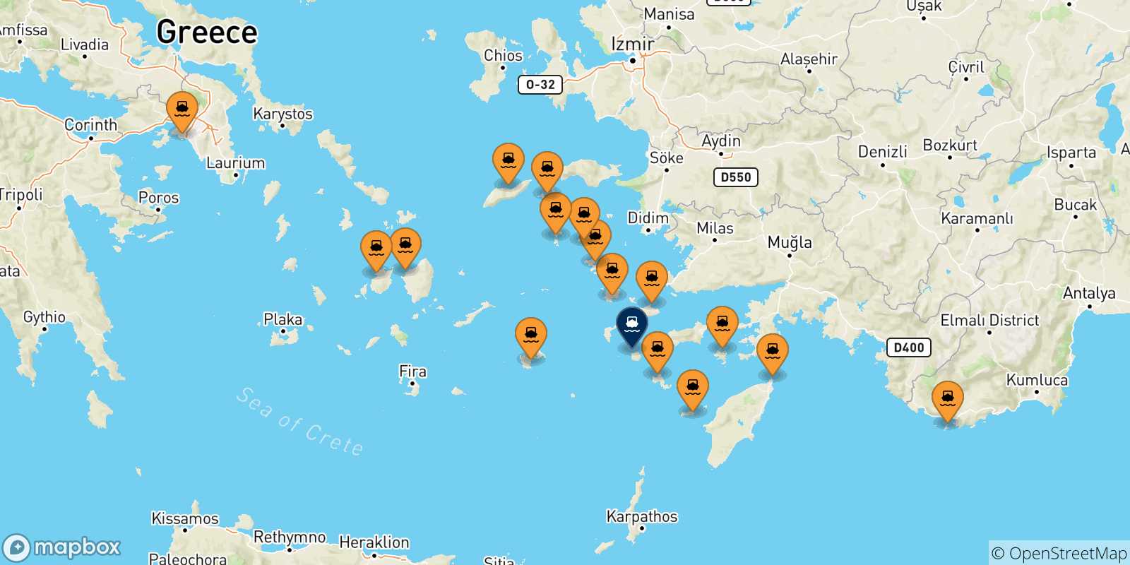 Mapa de las posibles rutas entre Grecia y  Nisyros