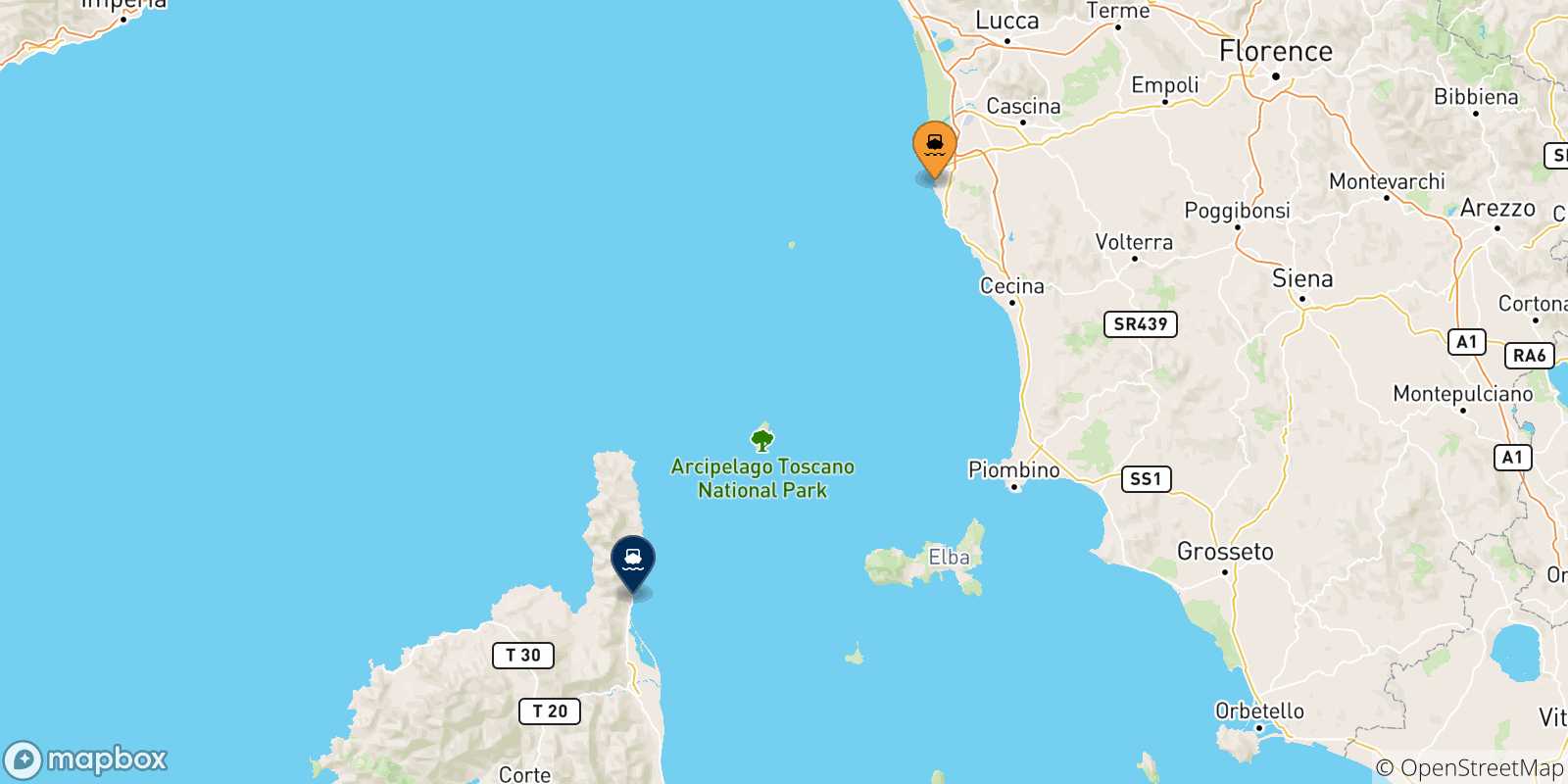 Mapa de las posibles rutas entre Livorno y  Francia