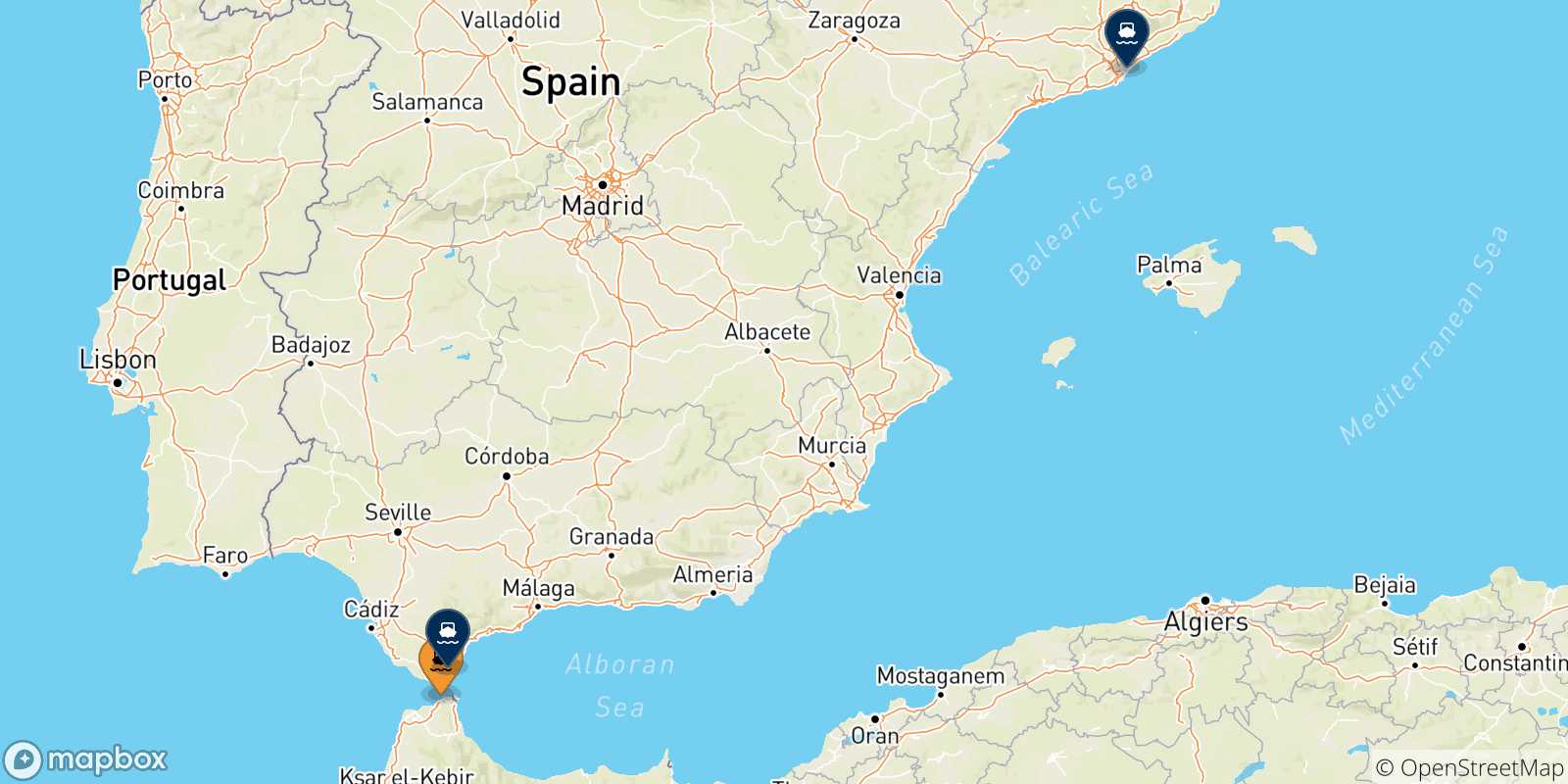 Mapa de las posibles rutas entre Tánger Med y  España