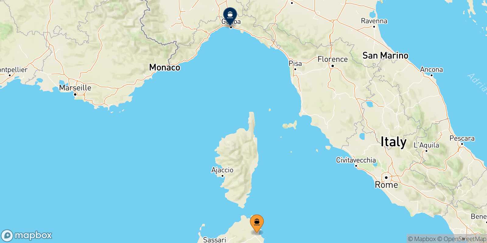 Mapa de la ruta Olbia Genova