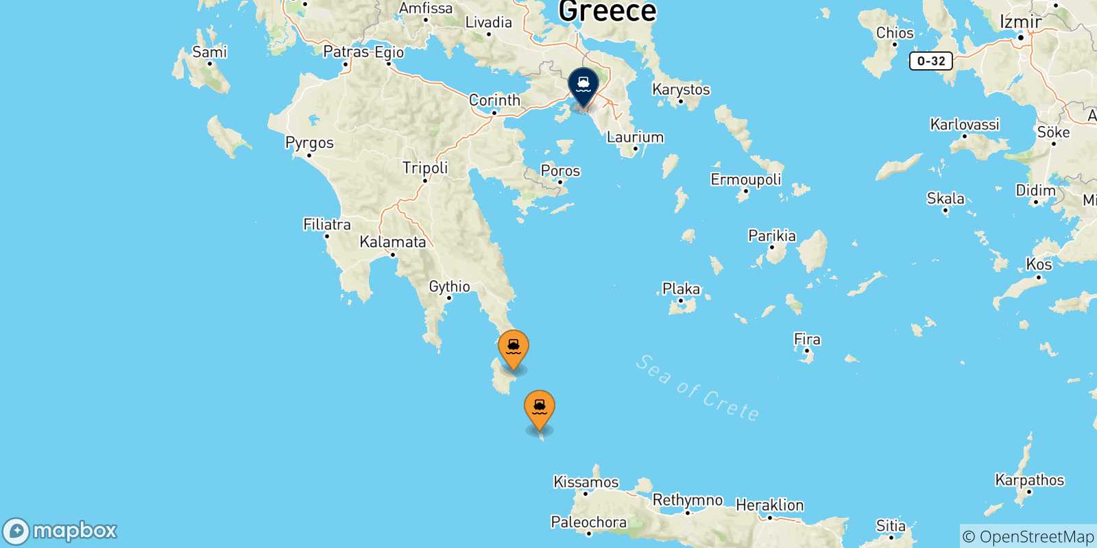 Mapa de las posibles rutas entre Islas Jonicas y  El Pireo