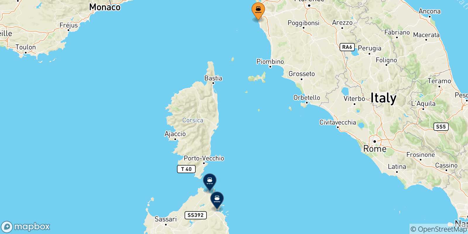 Mapa de las posibles rutas entre Livorno y  Cerdeña