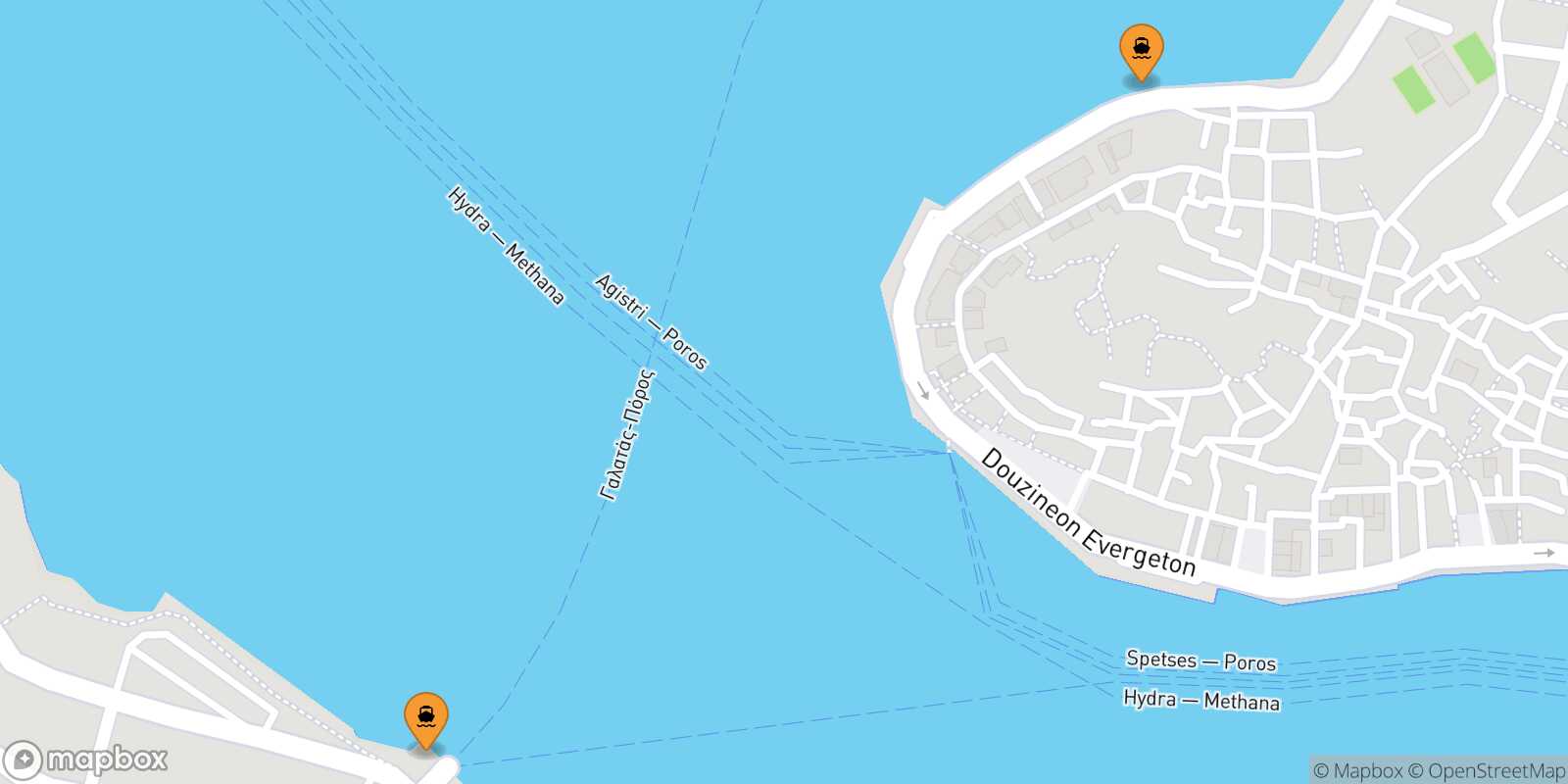 Mapa de los puertos conectados con  Spetses
