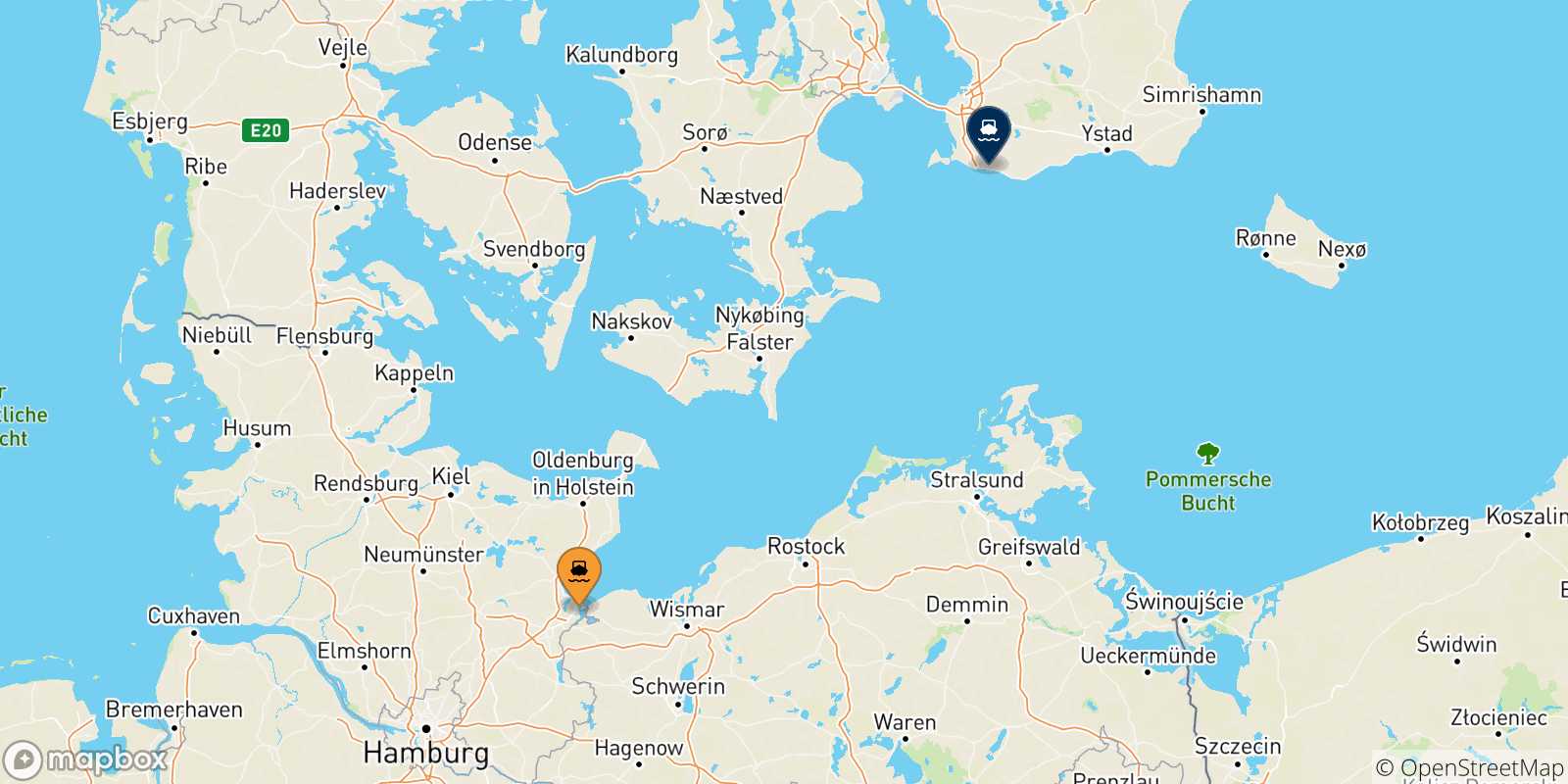 Mapa de las posibles rutas entre Travemünde y  Suecia