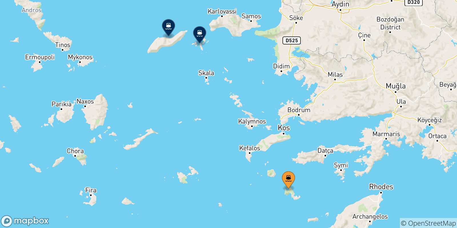 Mapa de las posibles rutas entre Tilos y  Islas Del Egeo