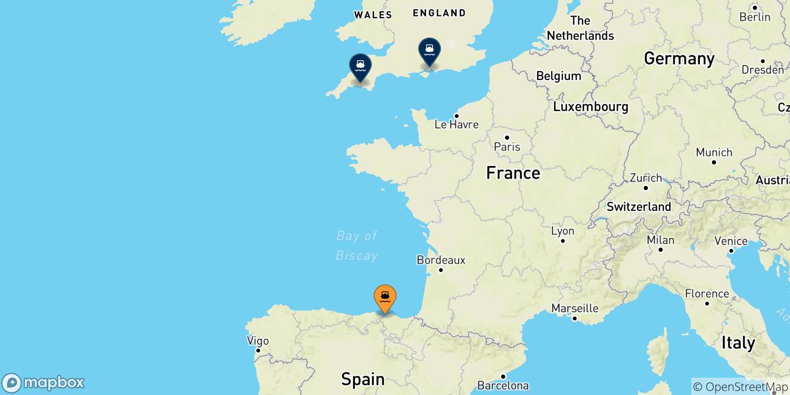 Mapa de las posibles rutas entre Bilbao y  Reino Unido