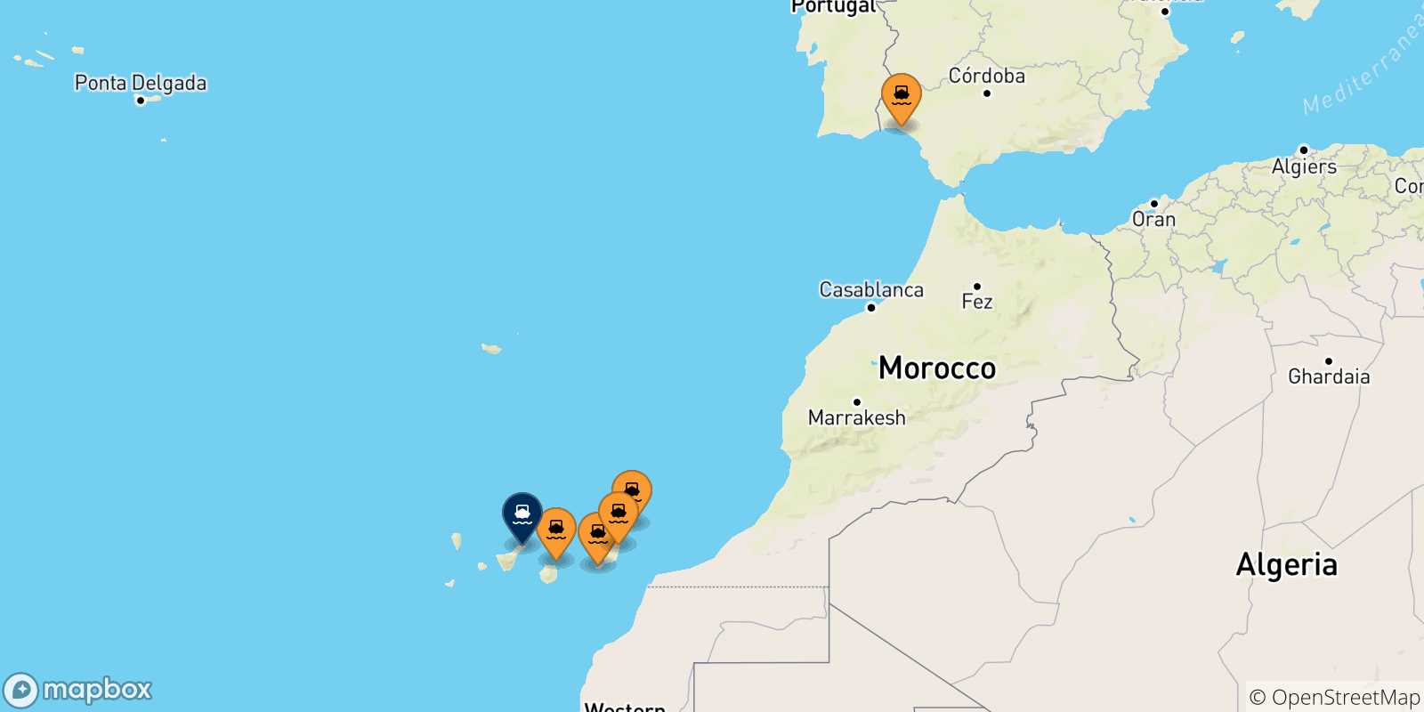 Mapa de las posibles rutas entre España y  Santa Cruz De Tenerife