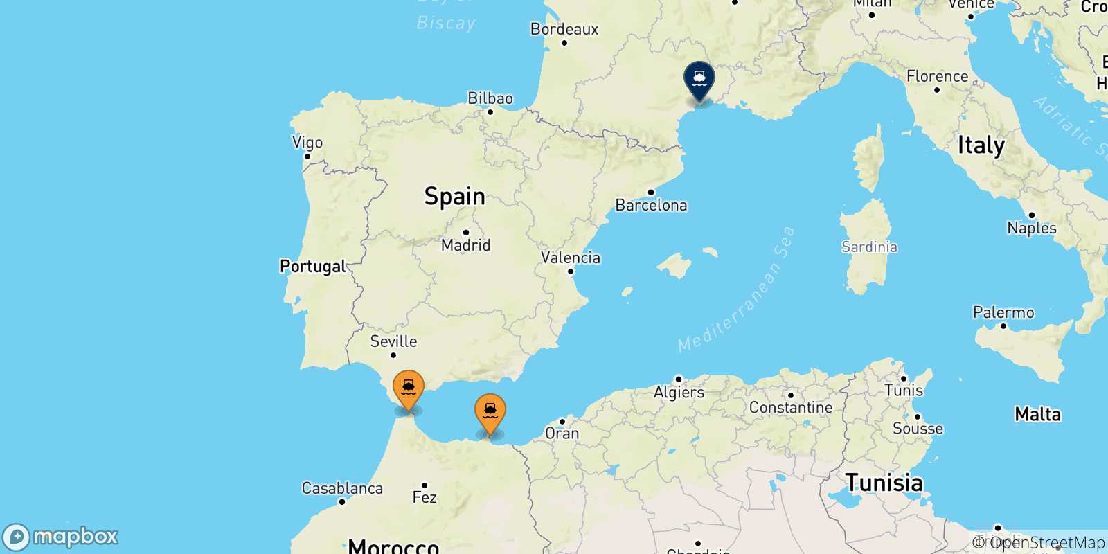 Mapa de las posibles rutas entre Marruecos y  Francia