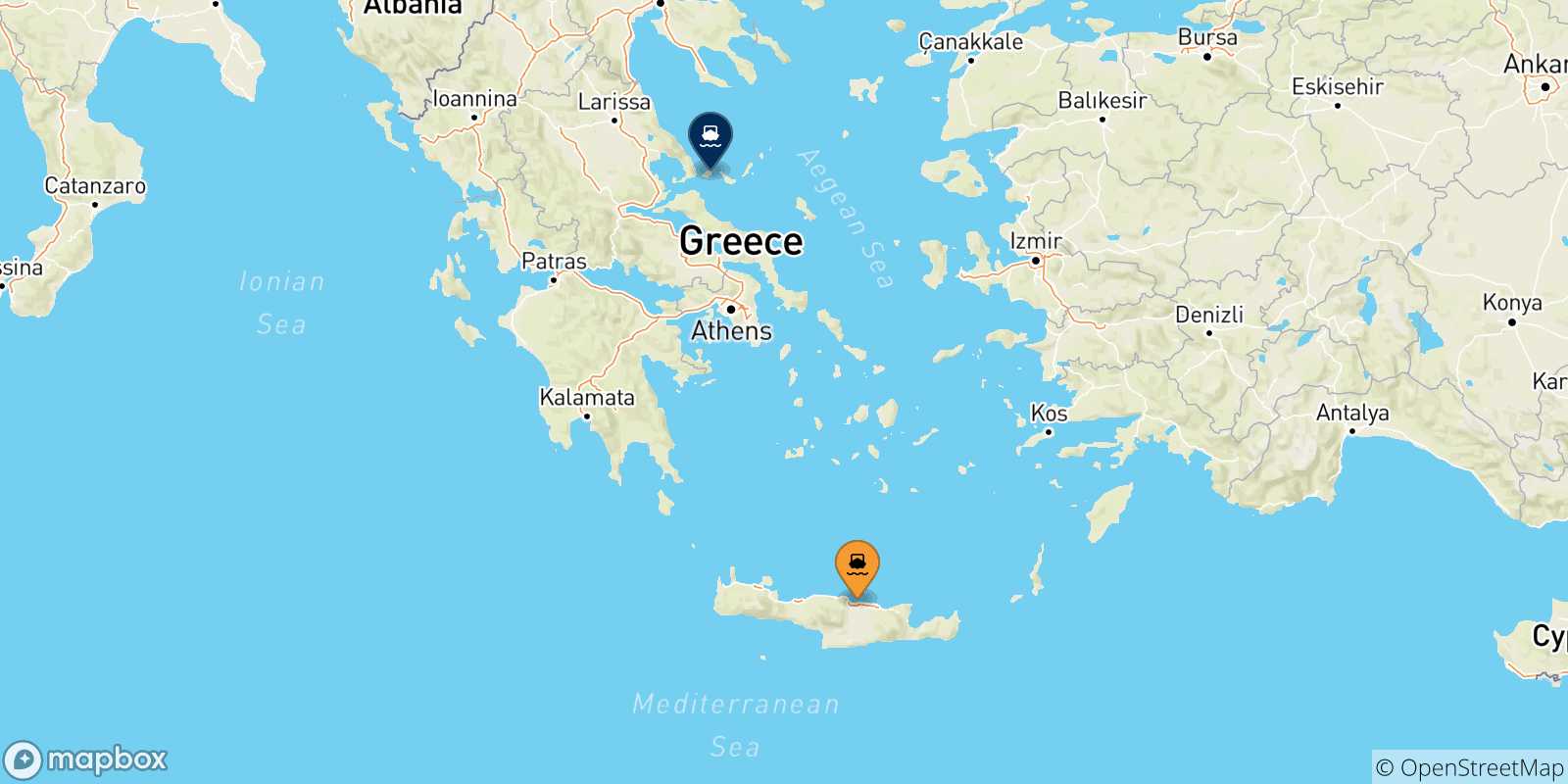 Mapa de las posibles rutas entre Creta y  Skiathos