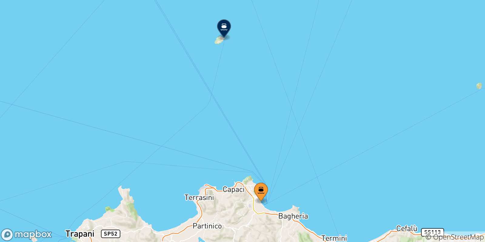 Mapa de las posibles rutas entre Italia y  La Isla De Ustica