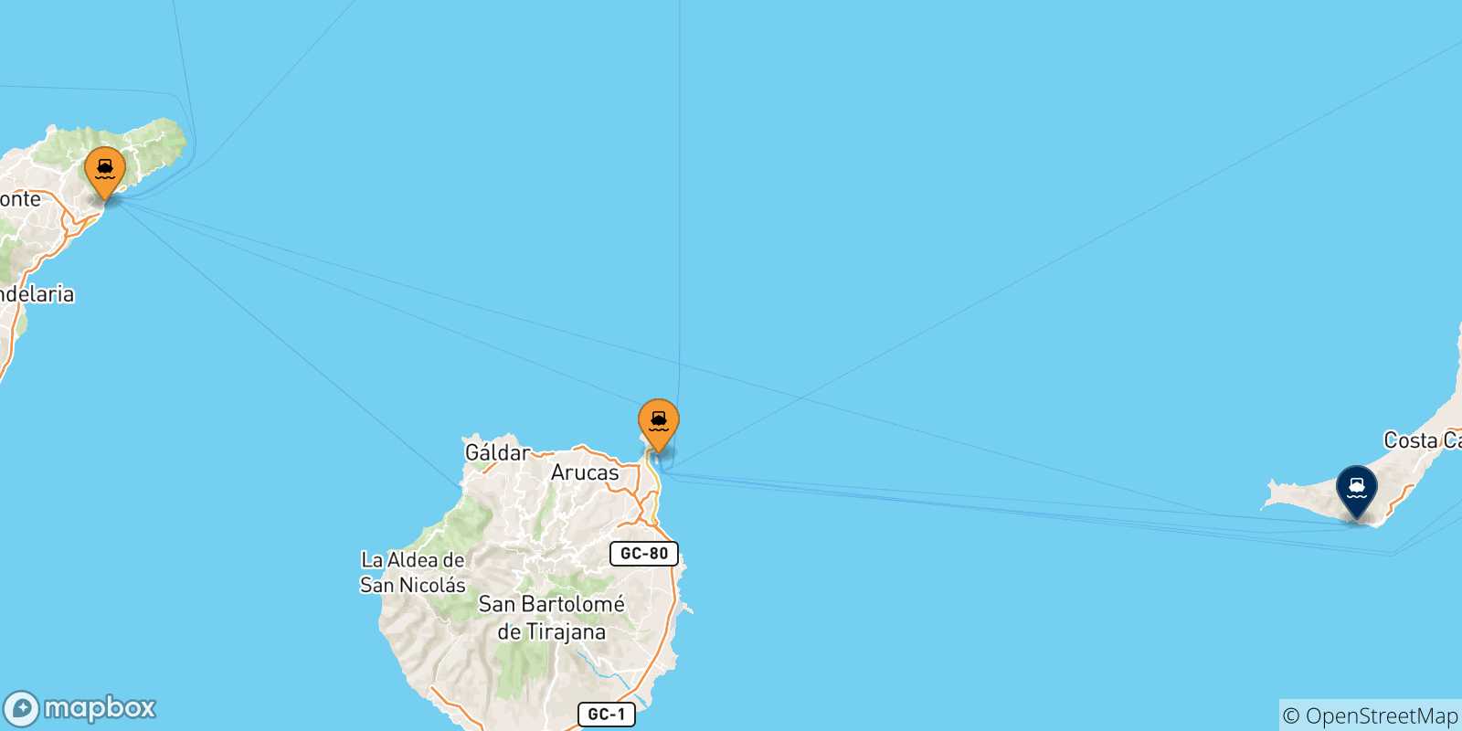 Mapa de las posibles rutas entre España y  Morro Jable (Fuerteventura)