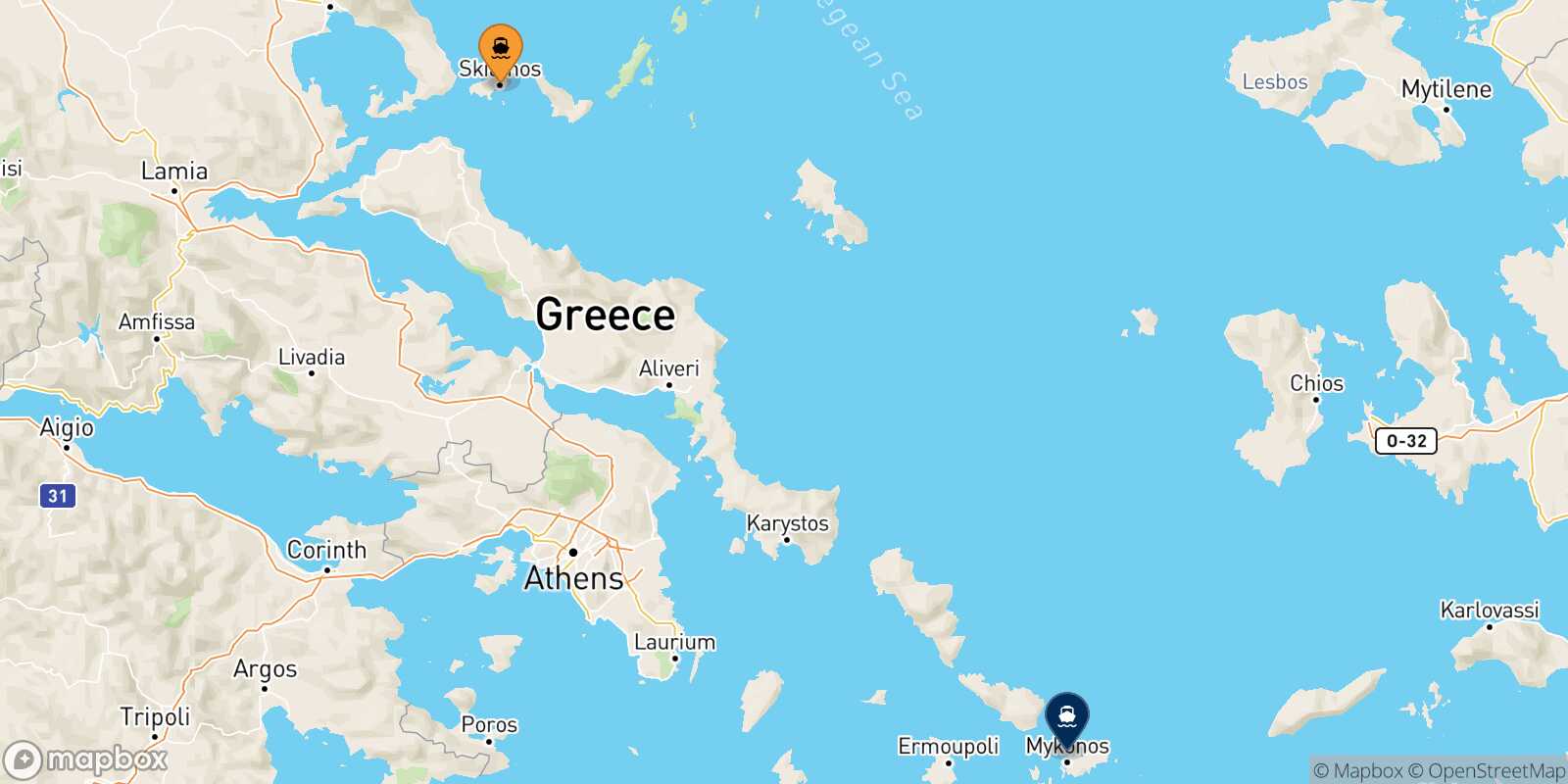 Mapa de la ruta Skiathos Mykonos