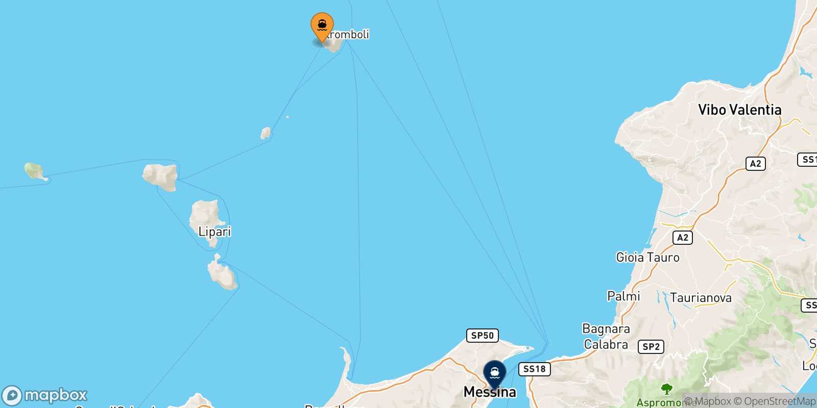 Mapa de la ruta Ginostra (Stromboli) Mesina