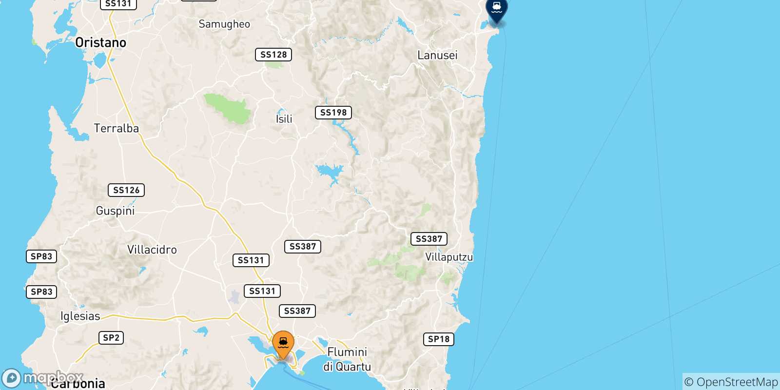 Mapa de las posibles rutas entre Cagliari y  Cerdeña