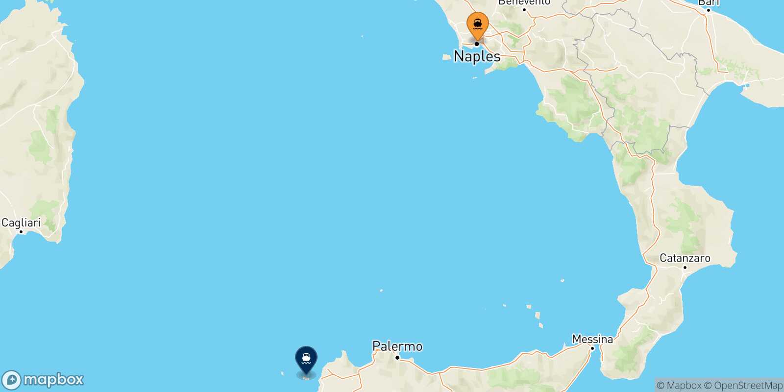 Mapa de la ruta Nápoles Beverello Favignana