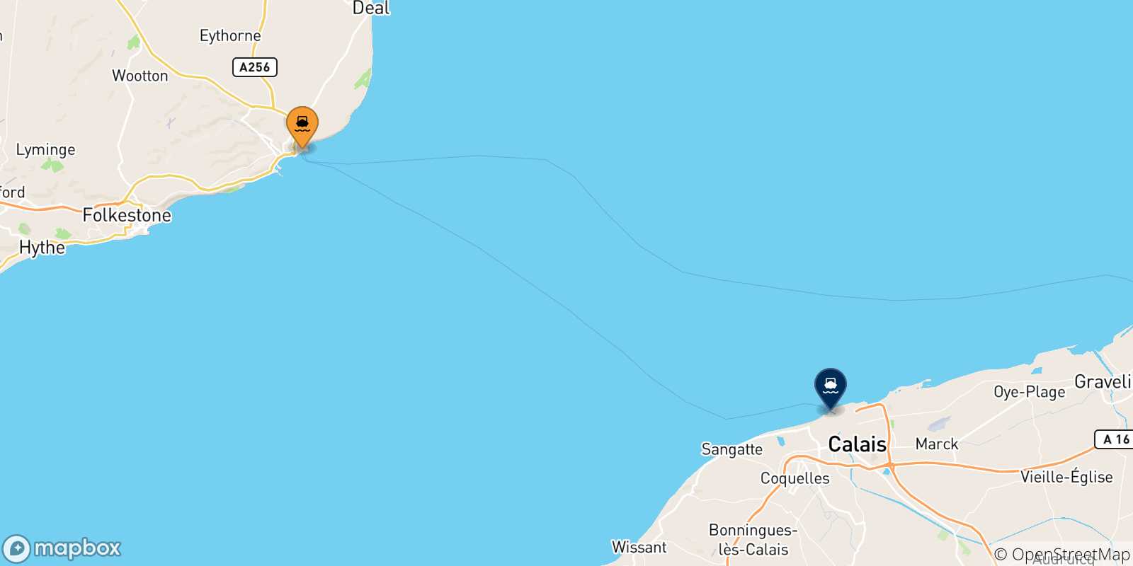 Mapa de las posibles rutas entre Reino Unido y  Calais