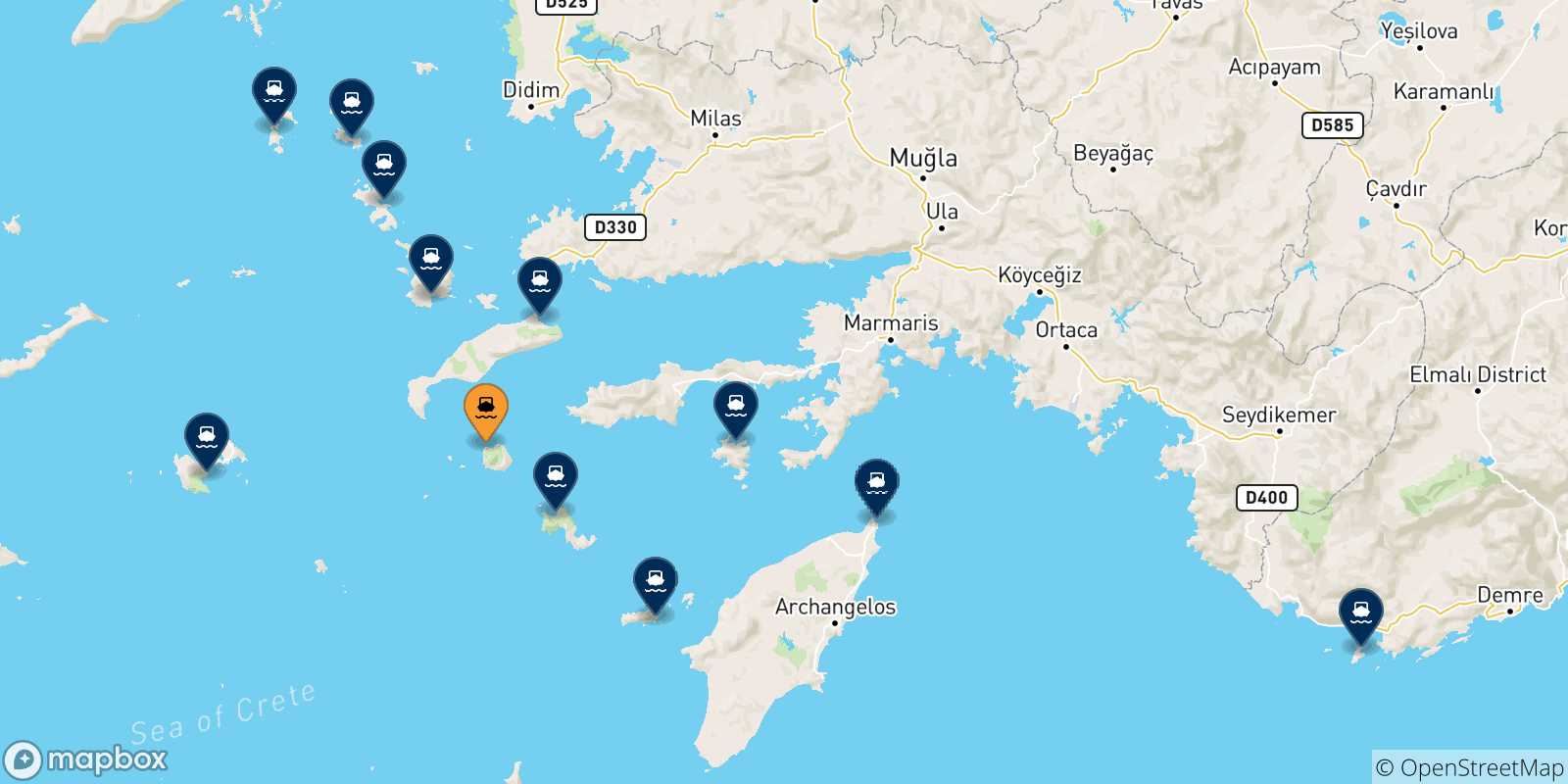 Mapa de las posibles rutas entre Nisyros y  Dodecaneso
