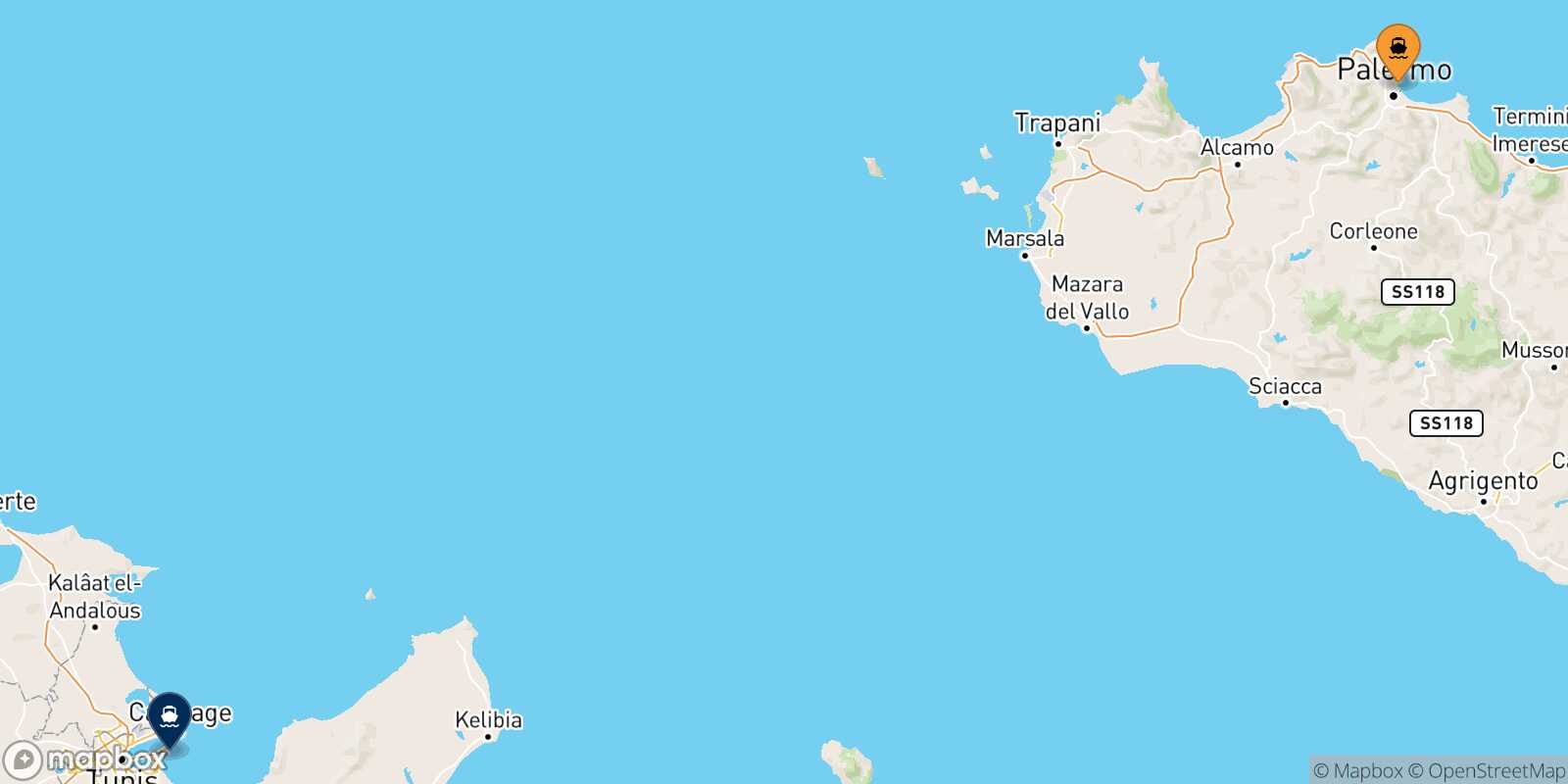 Mapa de los puertos conectados con  Túnez