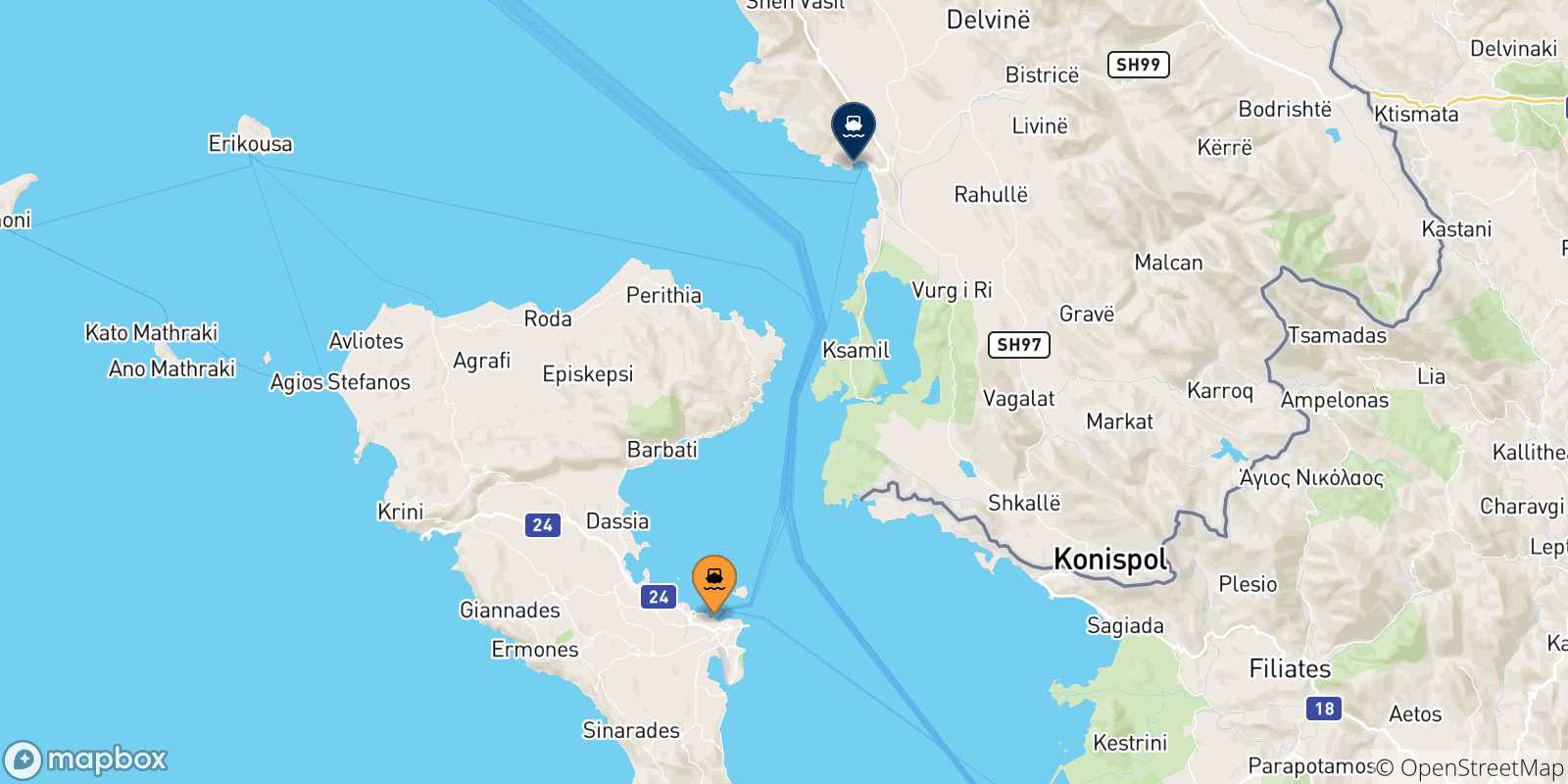 Mapa de las posibles rutas entre Corfu y  Albania
