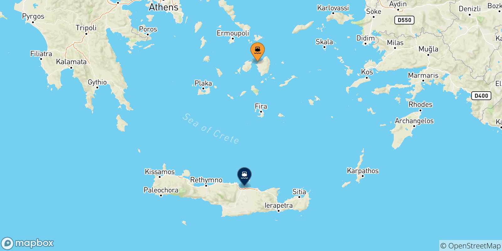 Mapa de las posibles rutas entre Naxos y  Creta
