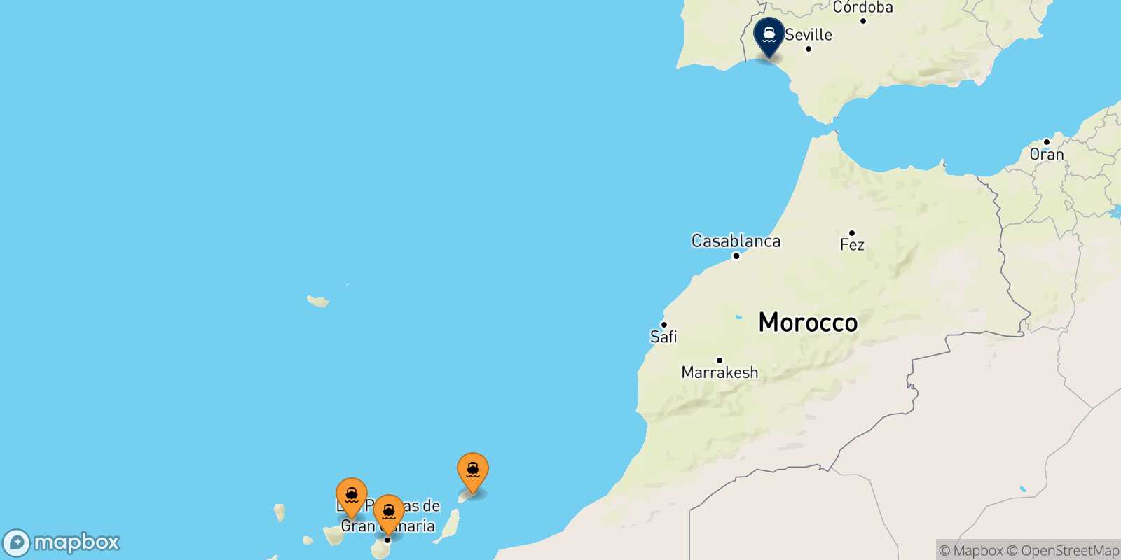 Mapa de los puertos conectados con  Huelva