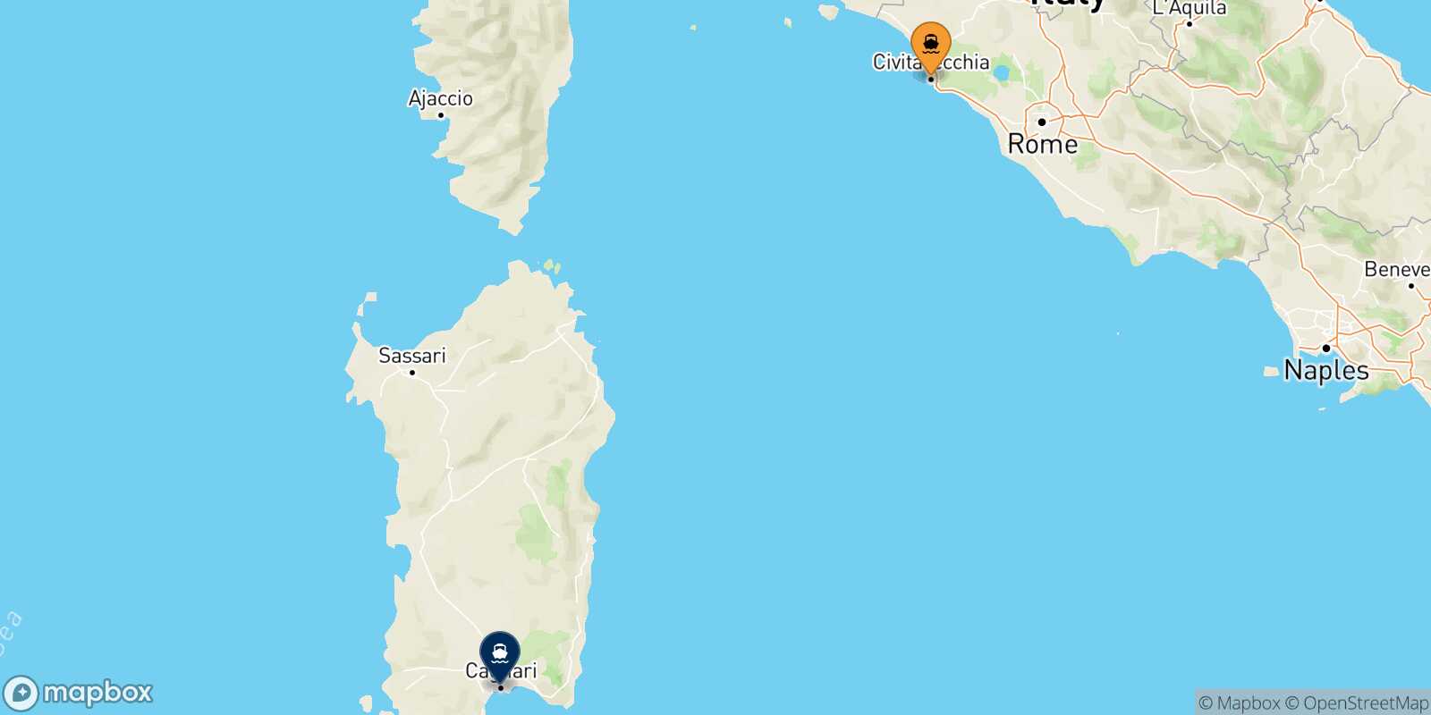 Mapa de la ruta Civitavecchia Cagliari