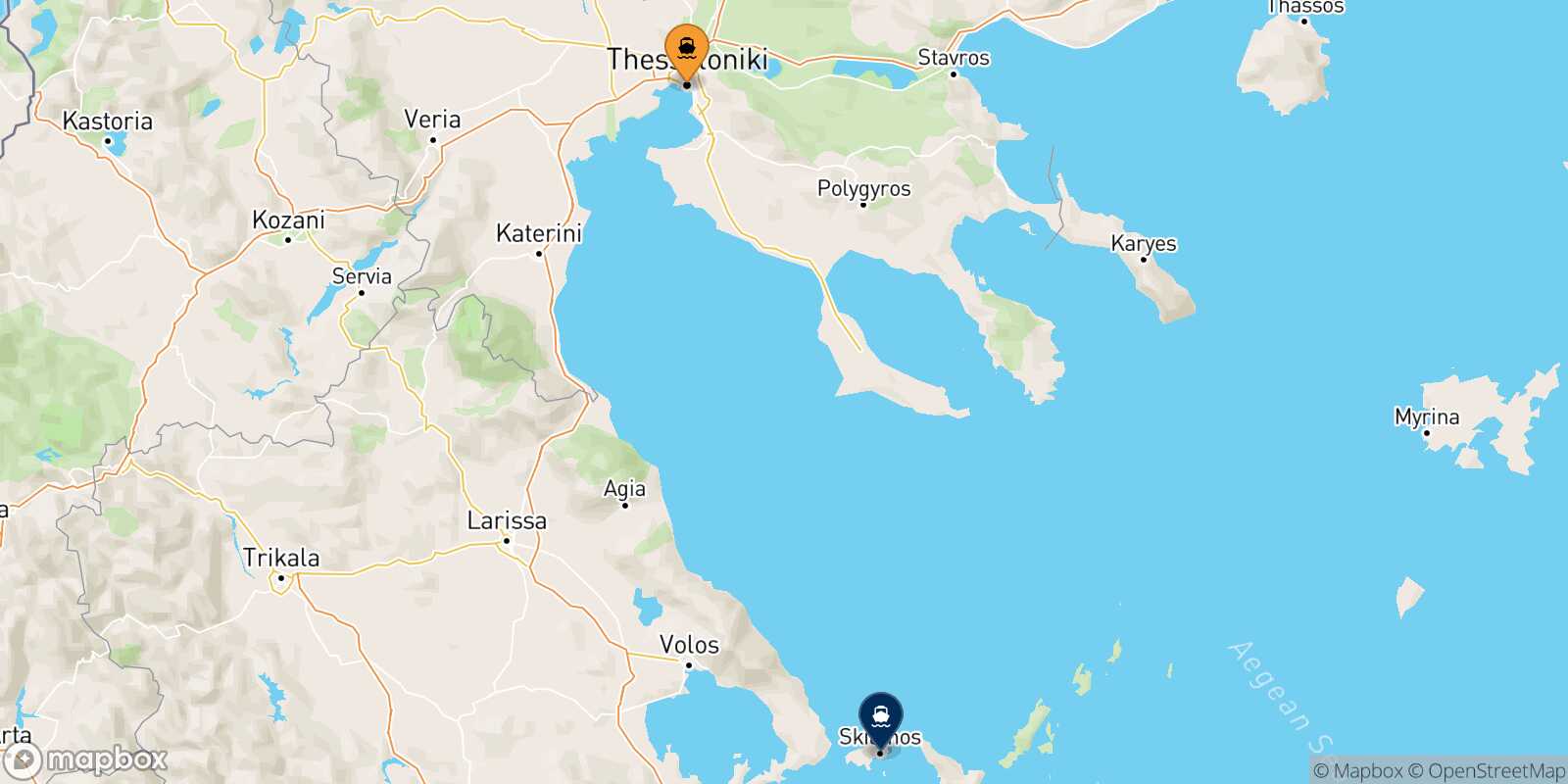Mapa de la ruta Salónica Skiathos