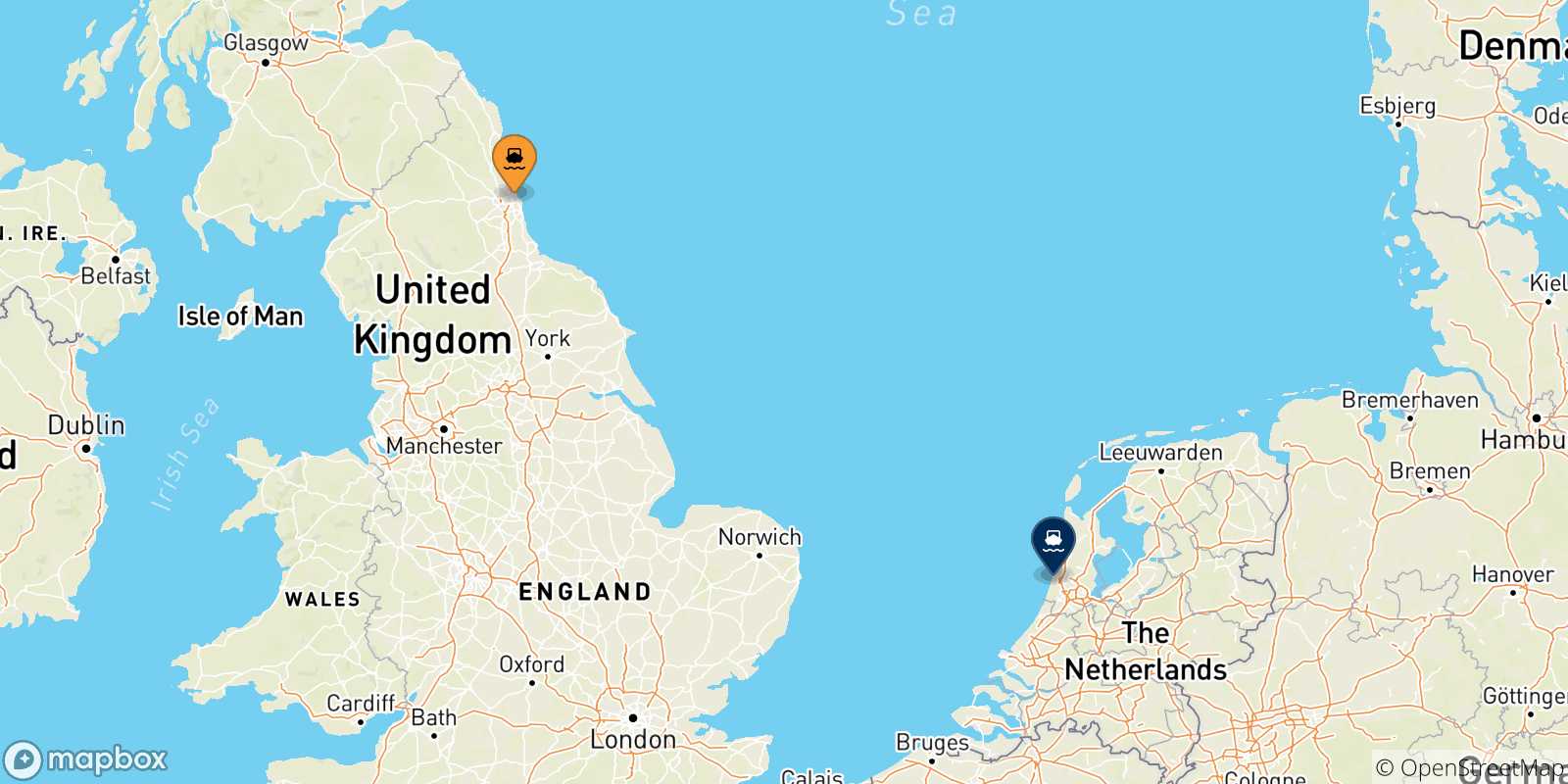 Mapa de las posibles rutas entre Reino Unido y  Países Bajos