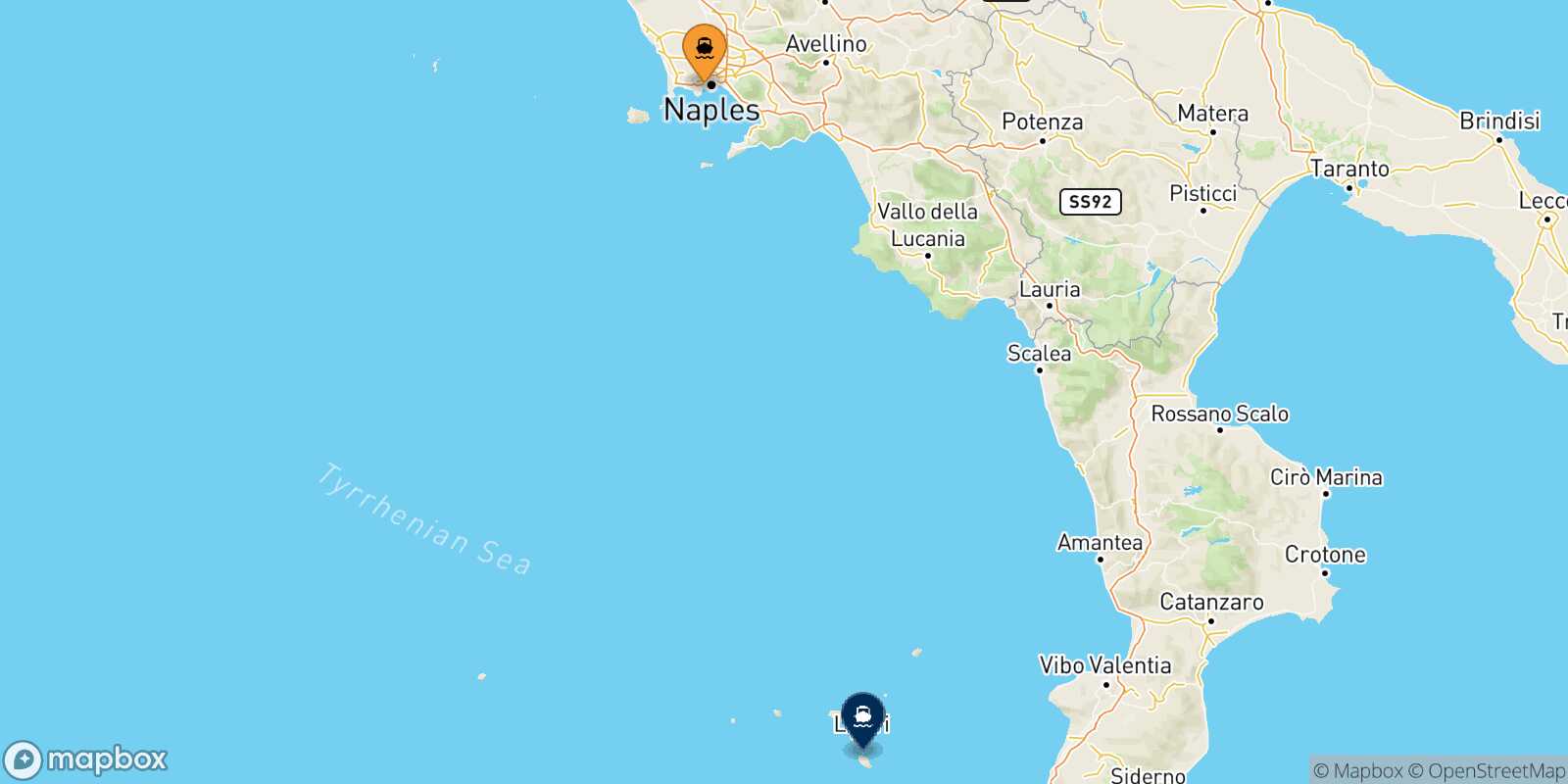 Mapa de la ruta Nápoles Mergellina Vulcano
