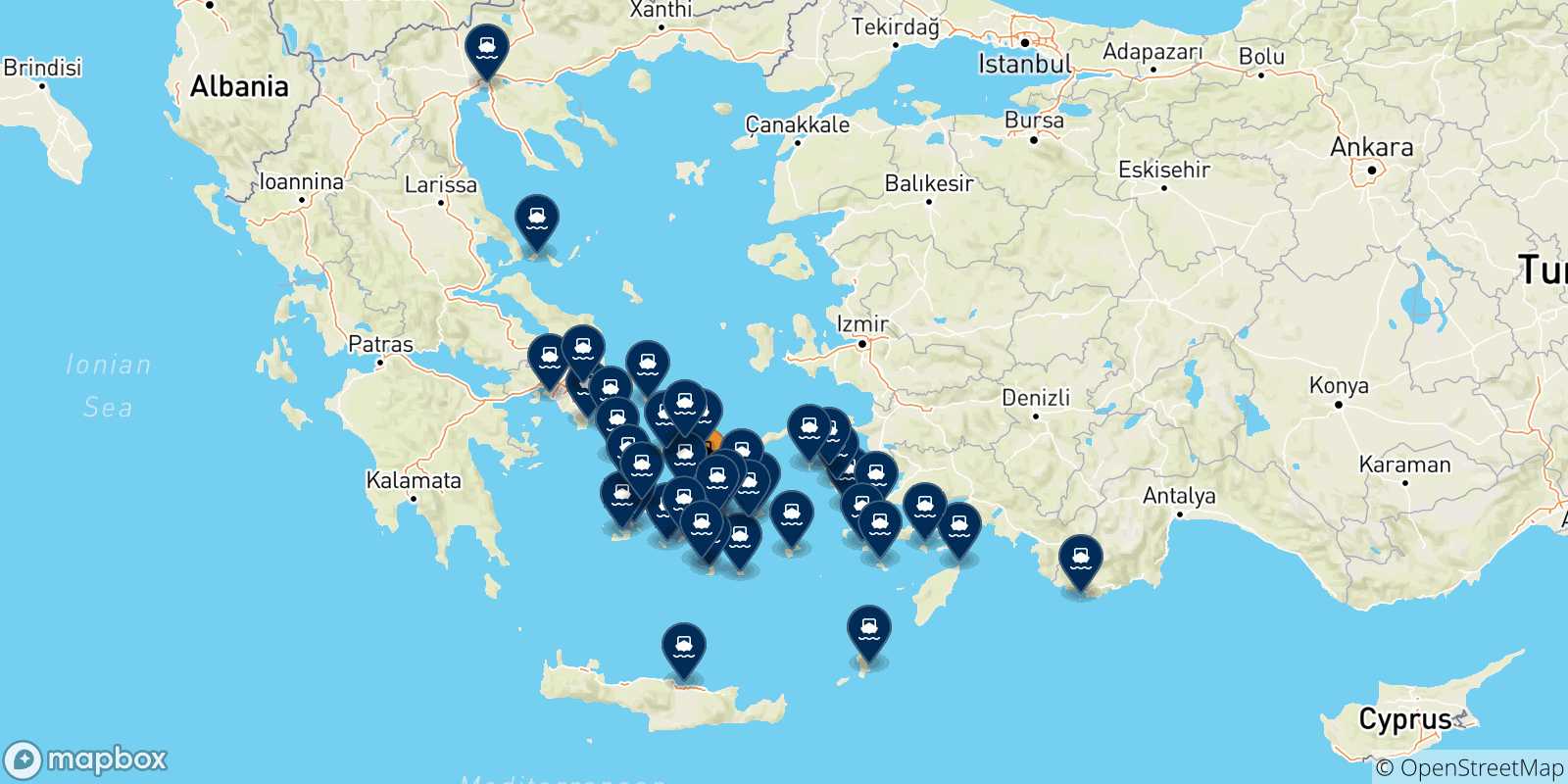 Mapa de las posibles rutas entre Naxos y  Grecia