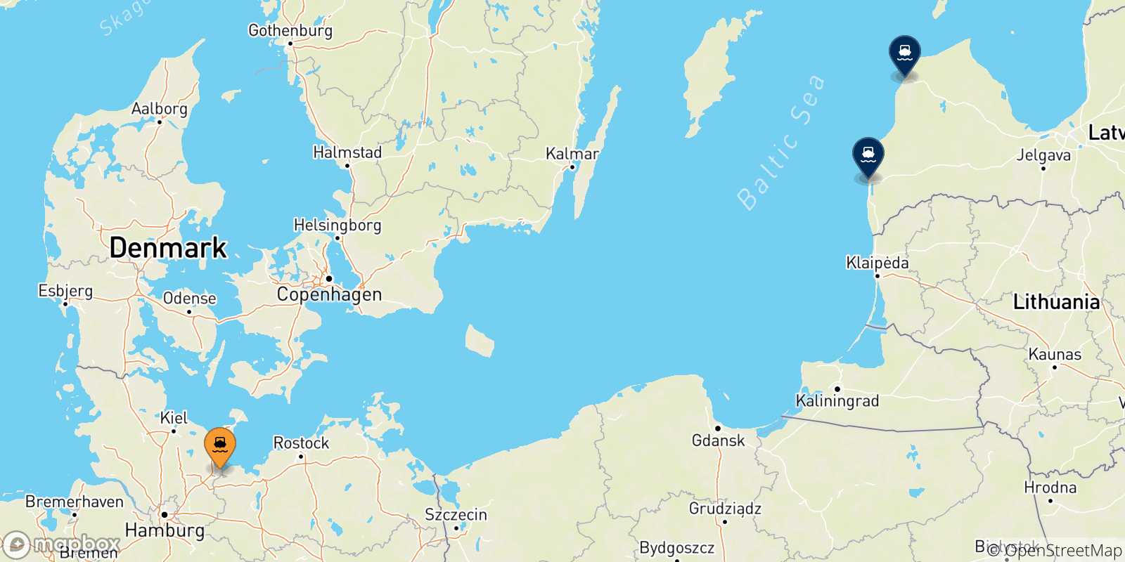 Mapa de las posibles rutas entre Travemünde y  Letonia