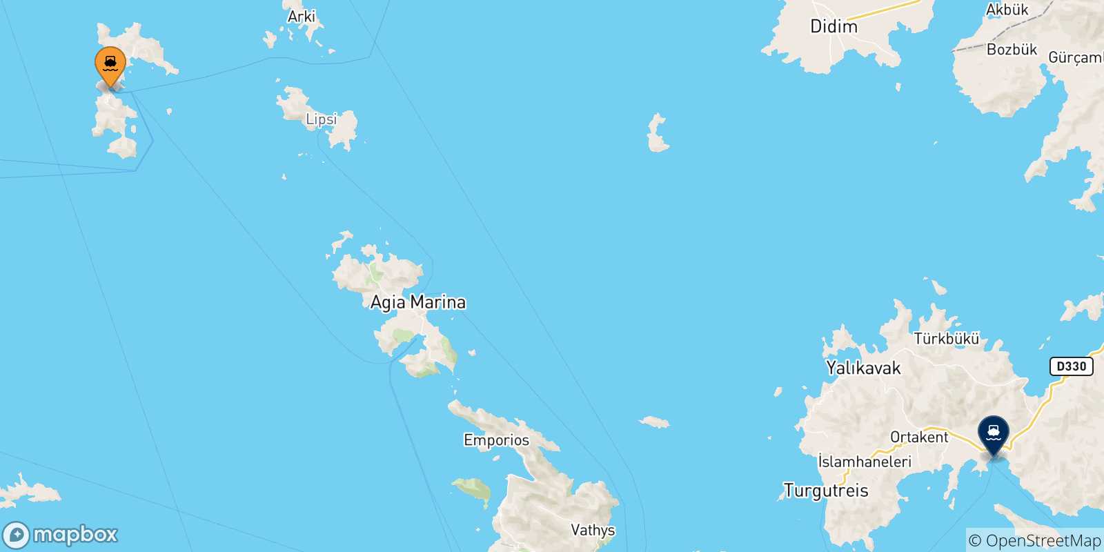 Mapa de las posibles rutas entre Patmos y  Turquía
