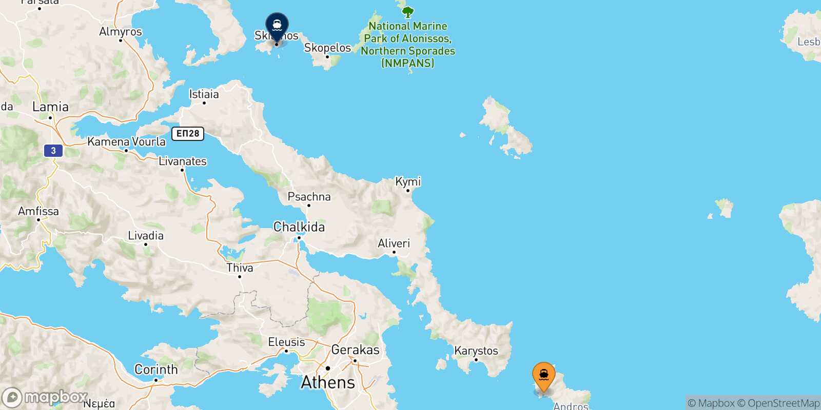 Mapa de los destinos alcanzables de Andros